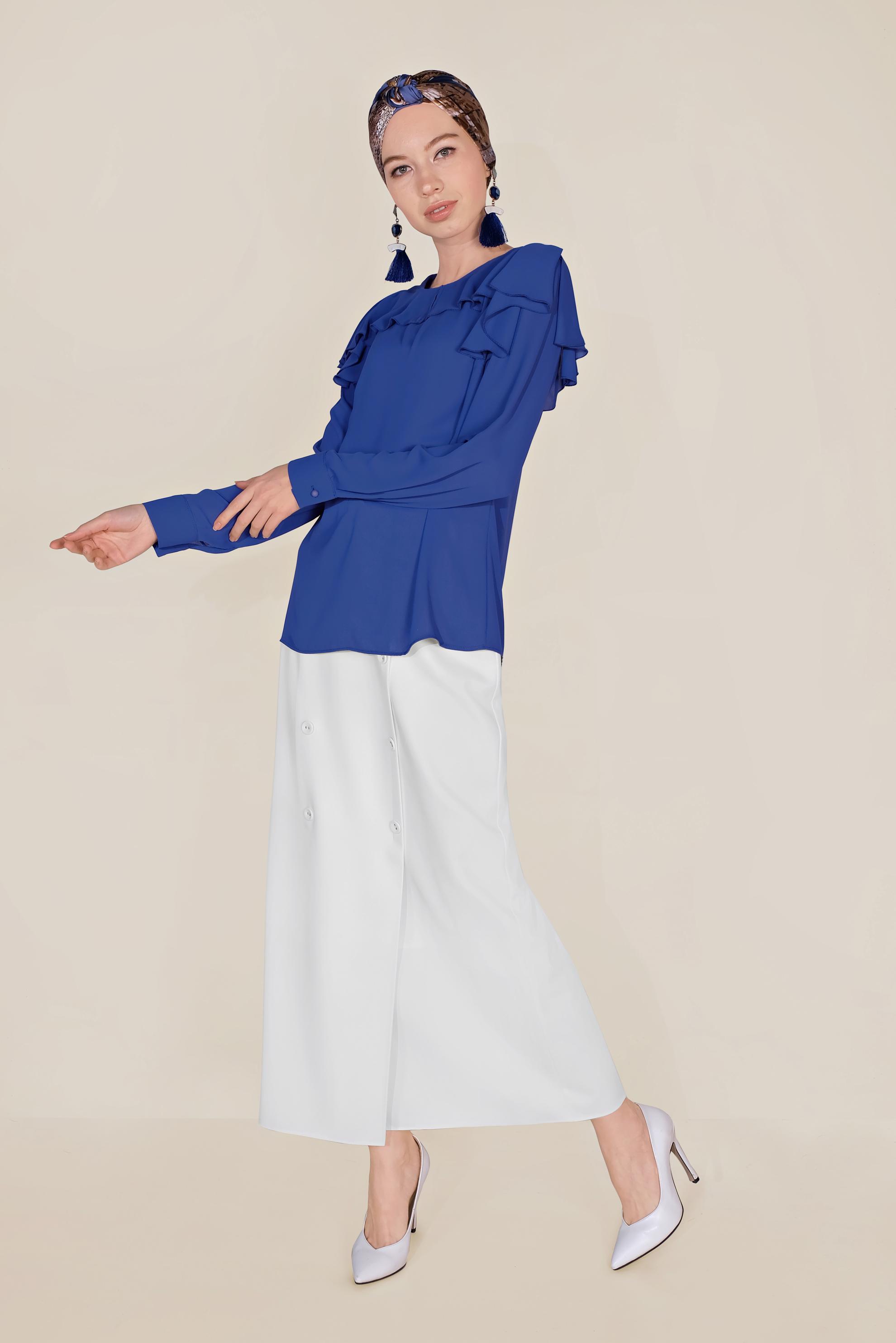 Tesettür giyim MAVİ VOLANLI ŞİFON BLUZ 40539