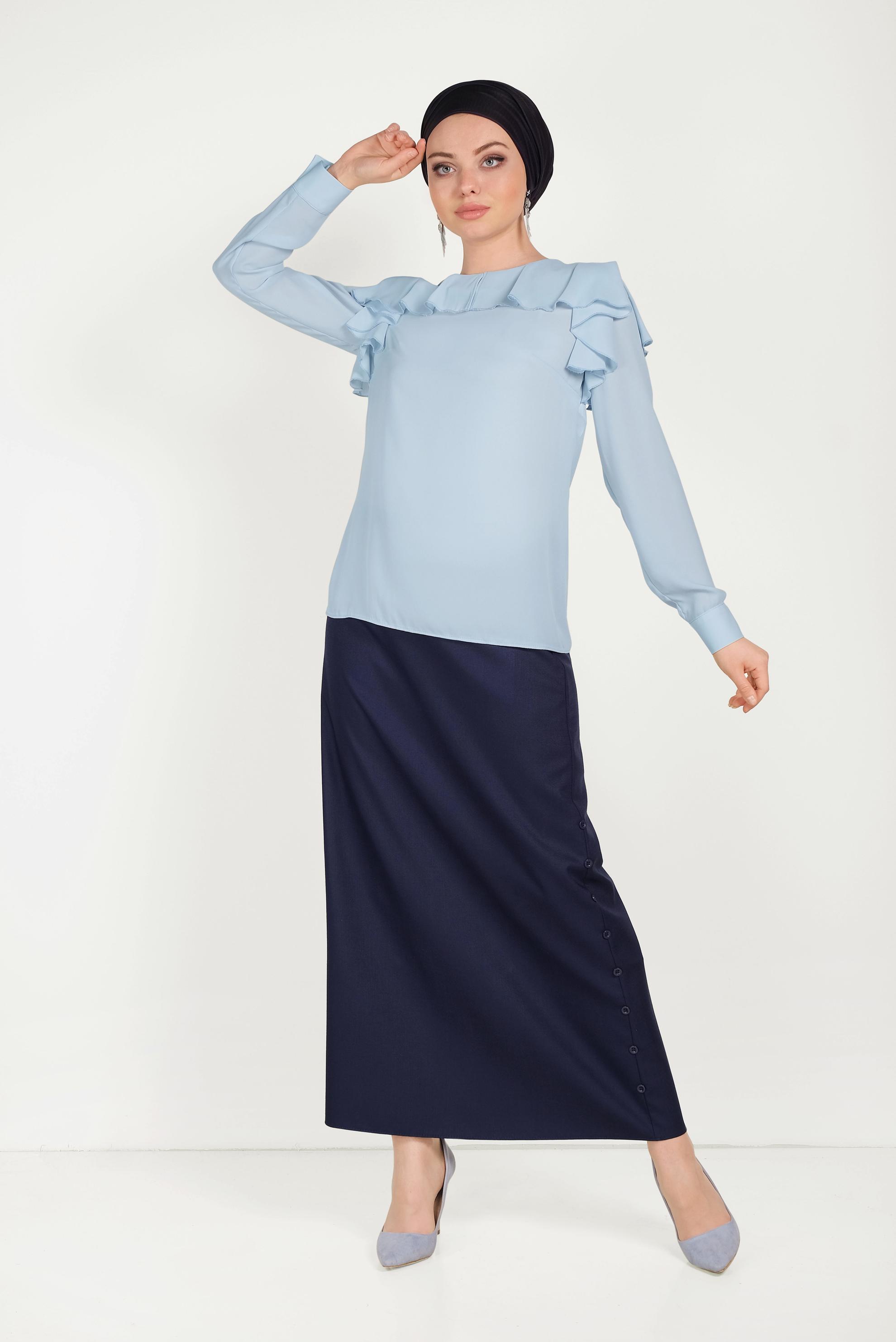 Tesettür giyim MAVİ VOLANLI ŞİFON BLUZ 40539