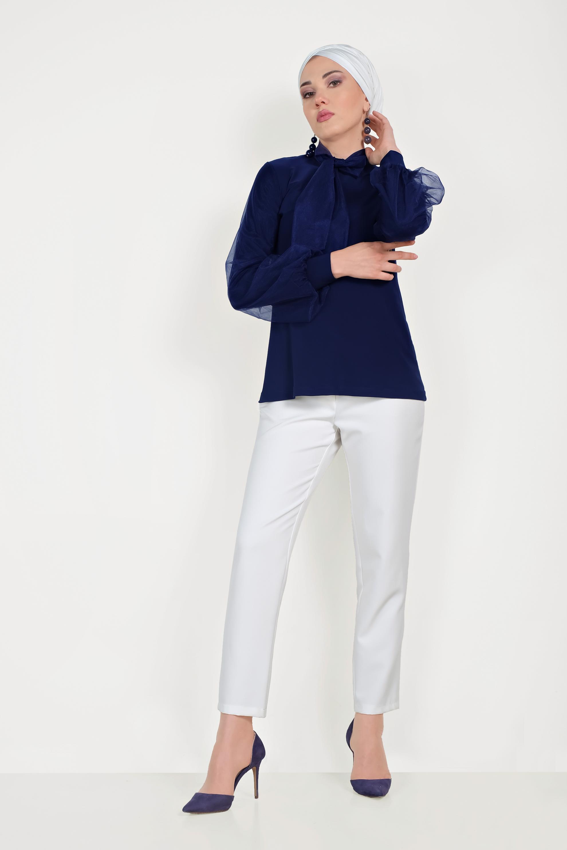 Tesettür giyim LACİVERT TÜL DETAYLI BLUZ 40597