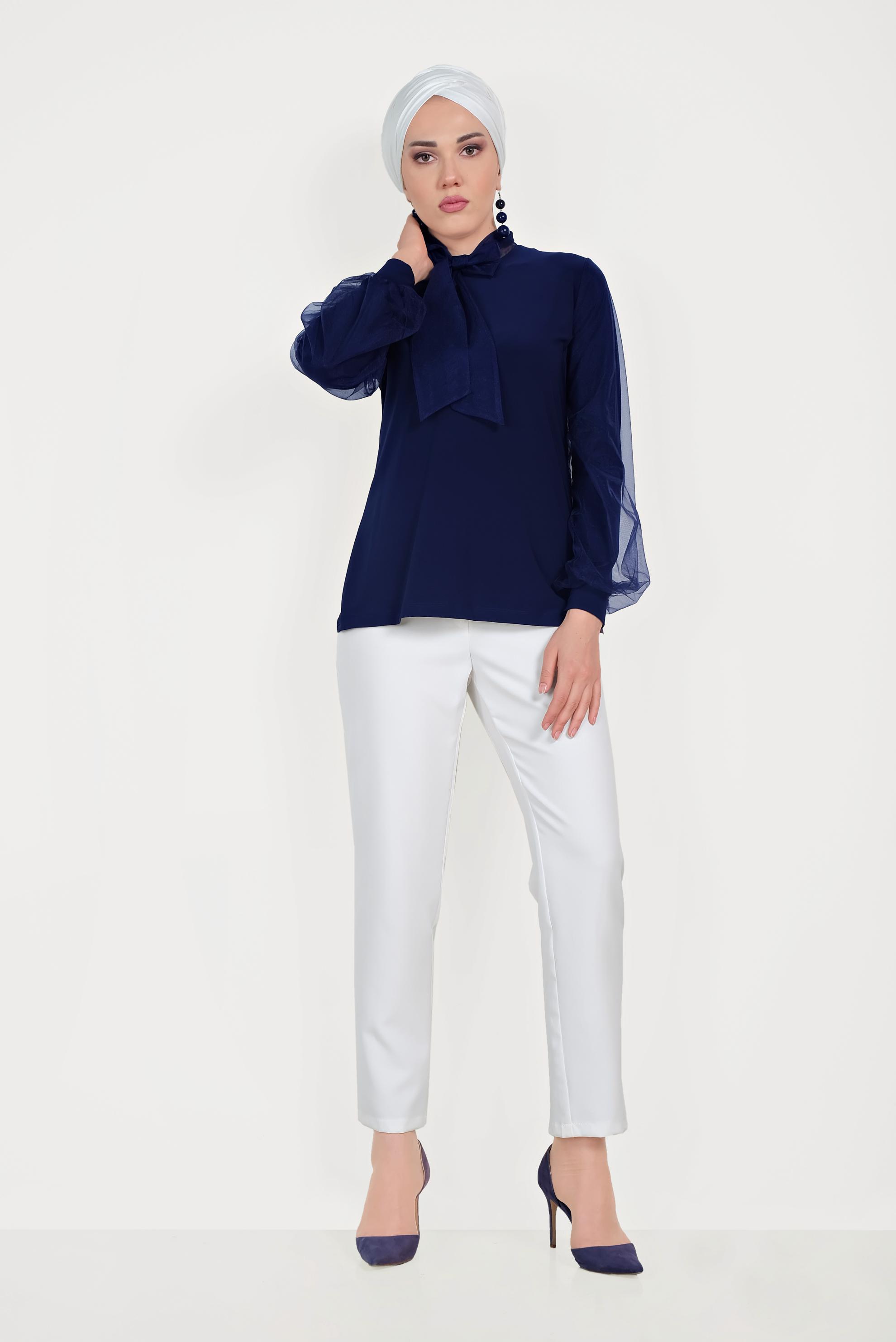 Tesettür giyim LACİVERT TÜL DETAYLI BLUZ 40597