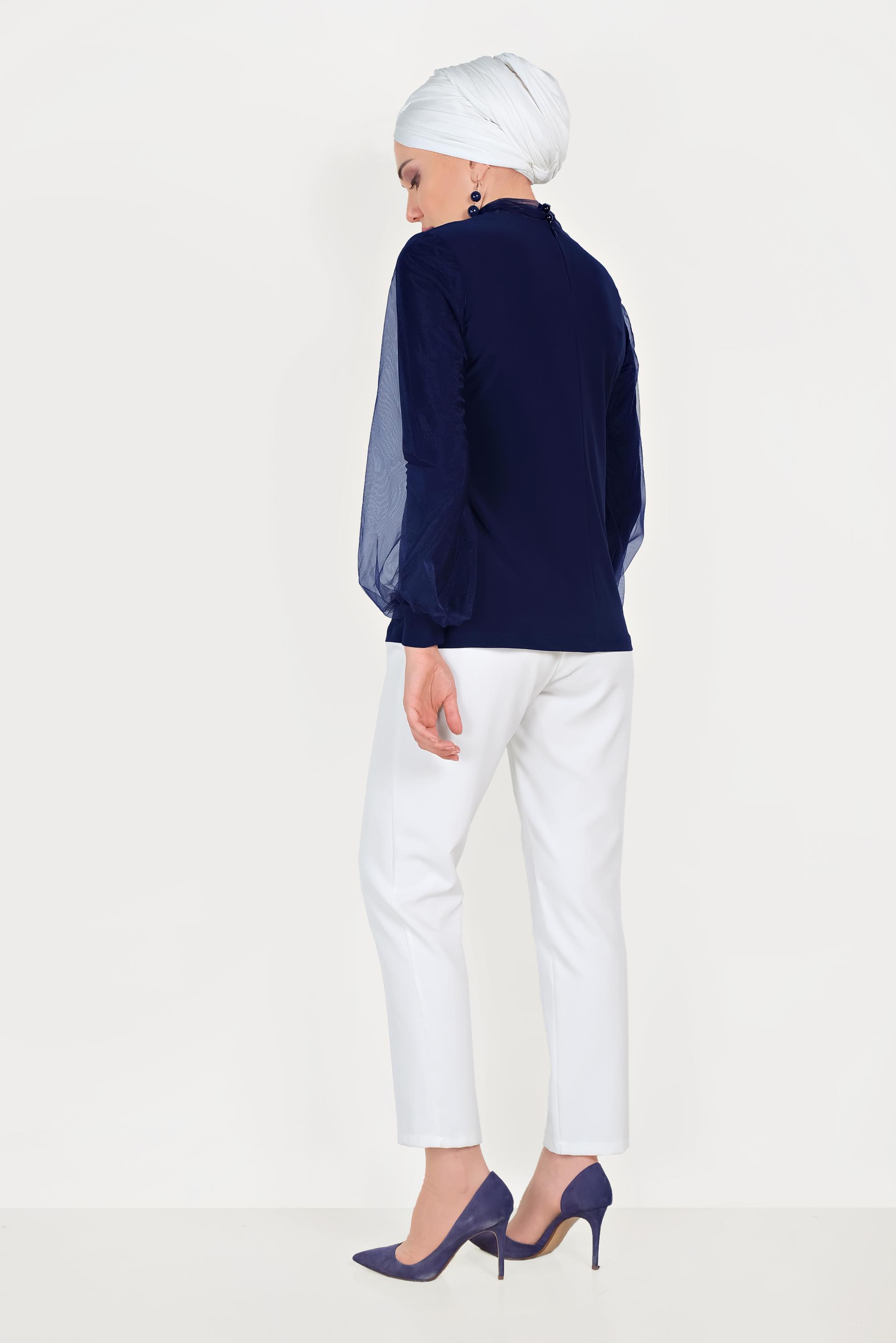 Tesettür giyim LACİVERT TÜL DETAYLI BLUZ 40597