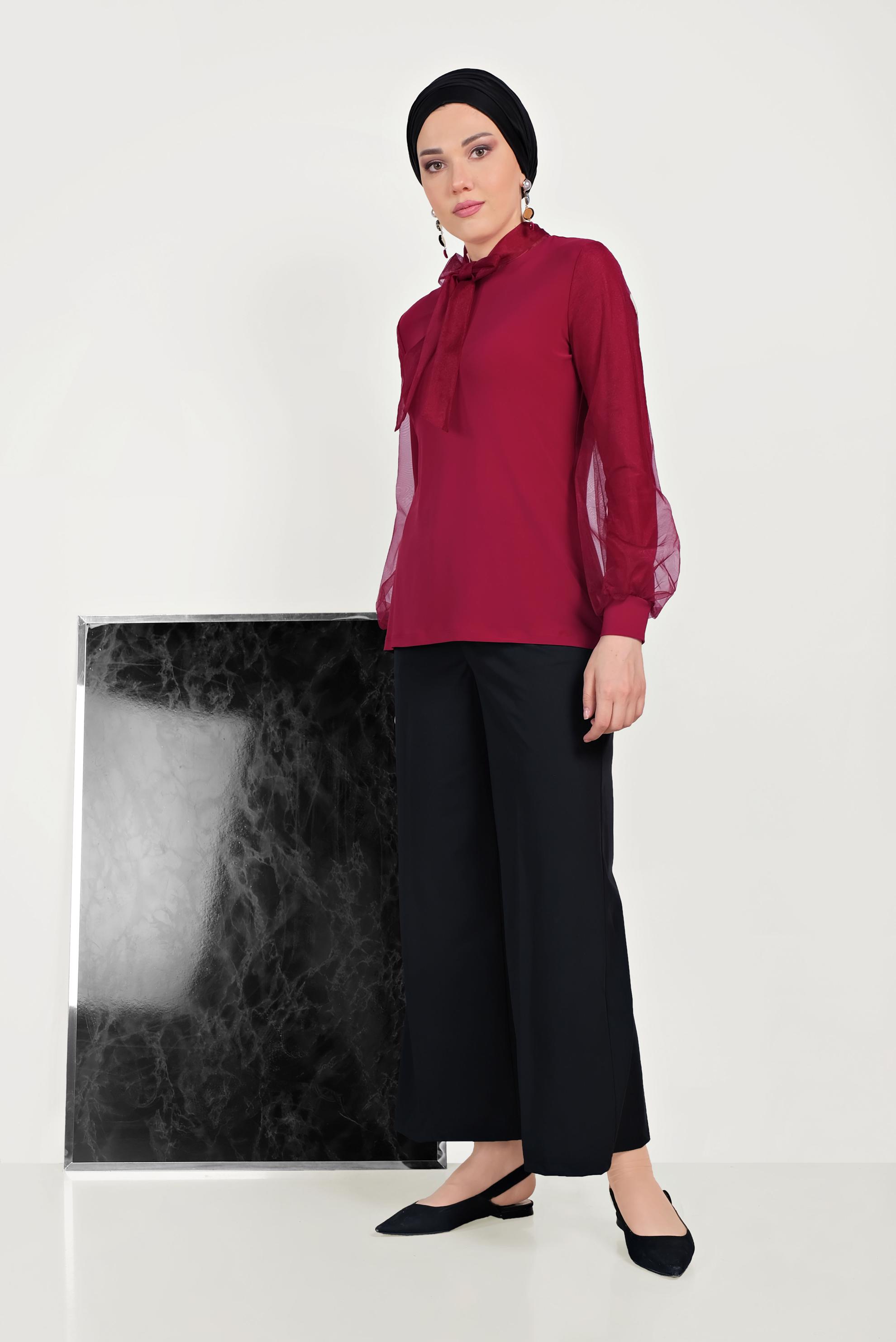 Tesettür giyim BORDO TÜL DETAYLI BLUZ 40597