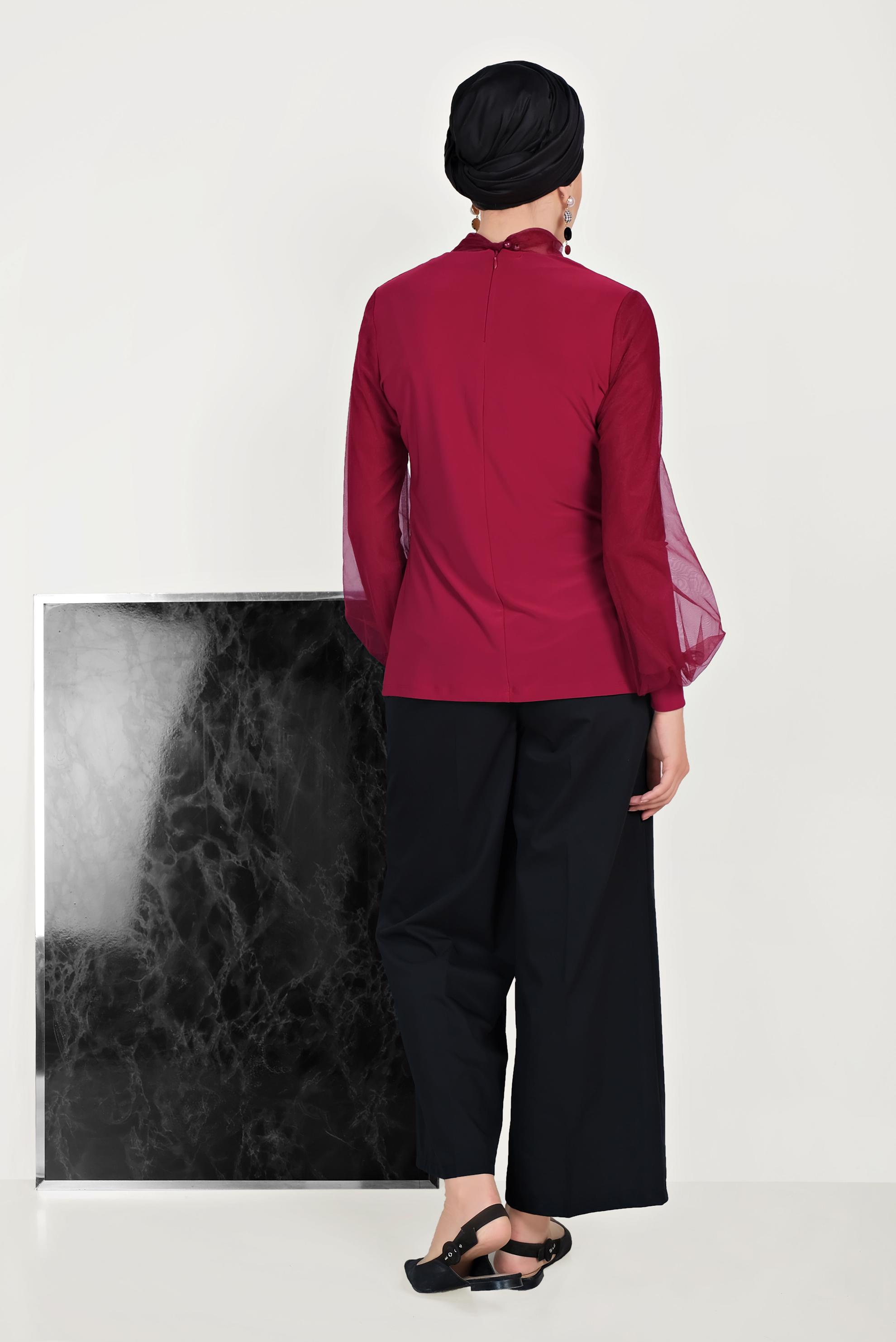Tesettür giyim BORDO TÜL DETAYLI BLUZ 40597