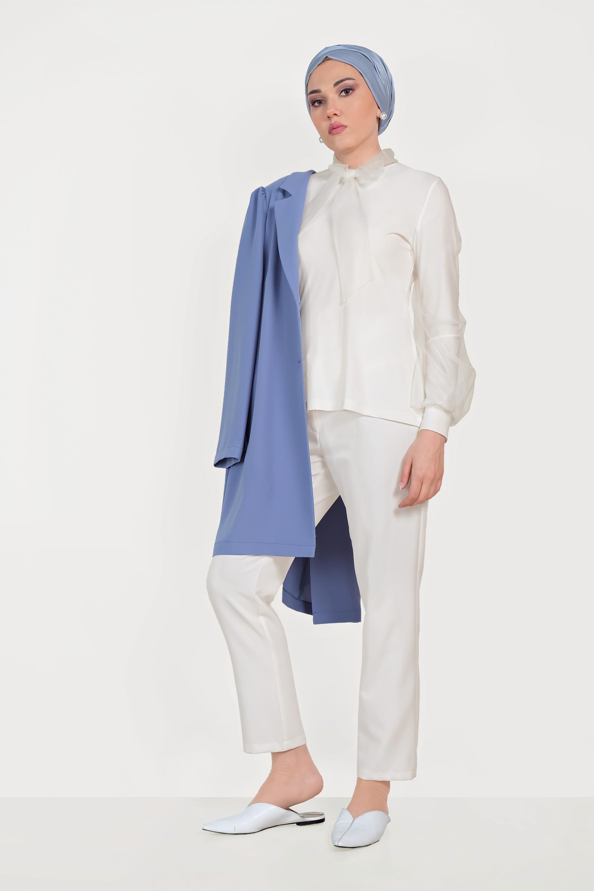 Tesettür giyim BEYAZ TÜL DETAYLI BLUZ 40597