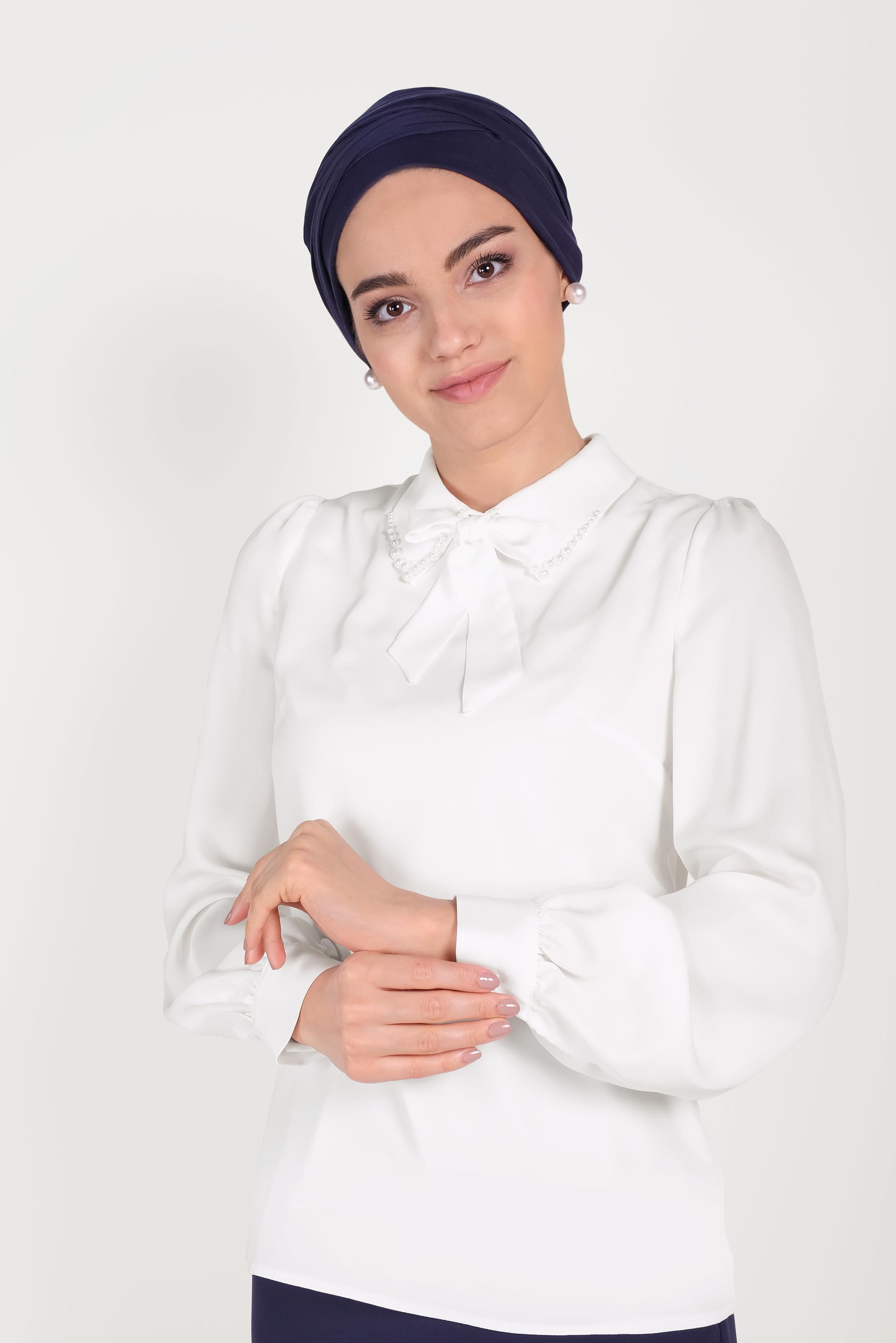 Tesettür giyim BEYAZ YAKASI İNCİLİ BLUZ 40603