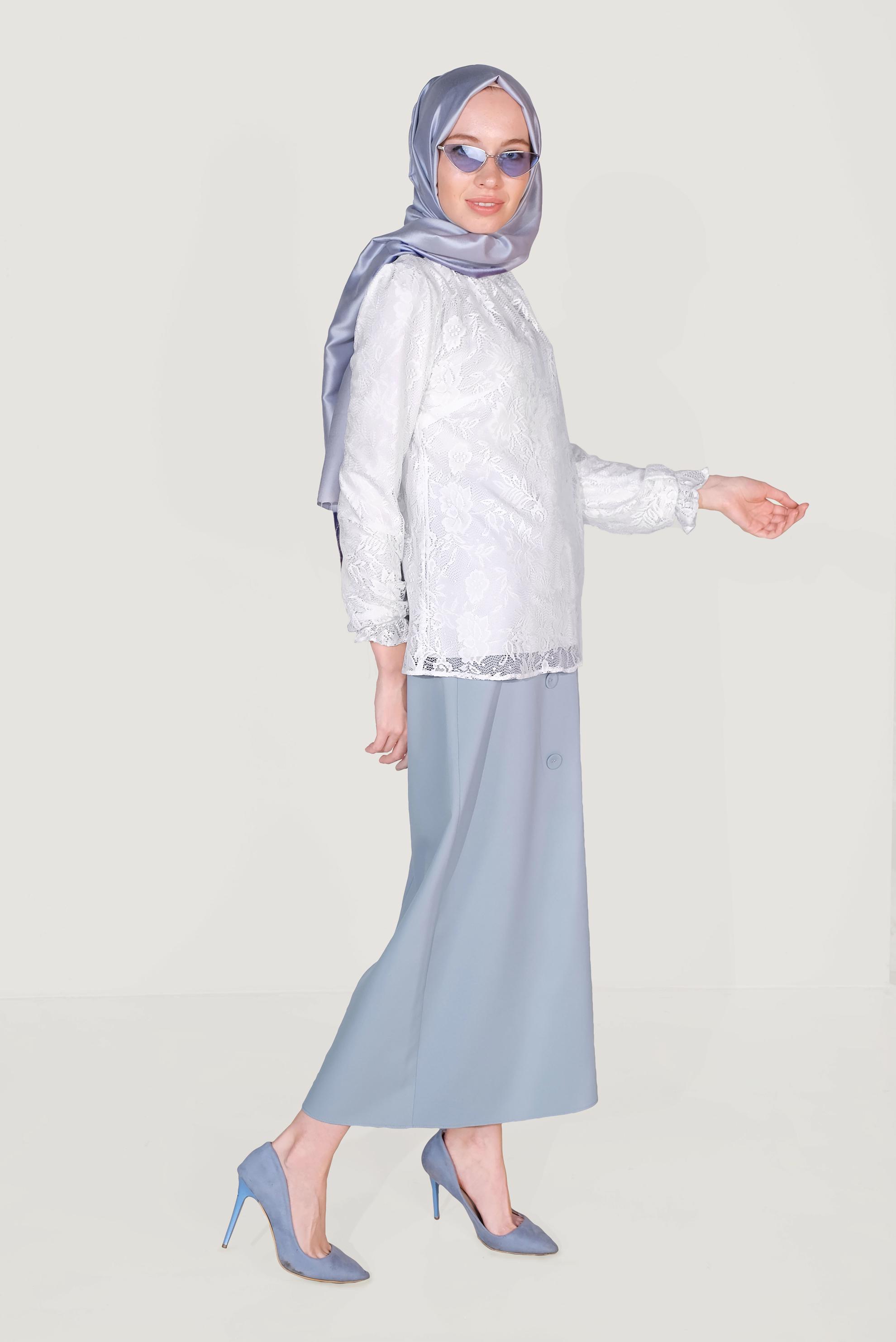 Tesettür giyim BEYAZ MANŞETLERİ LASTİKLİ DANTELLİ BLUZ 40688 