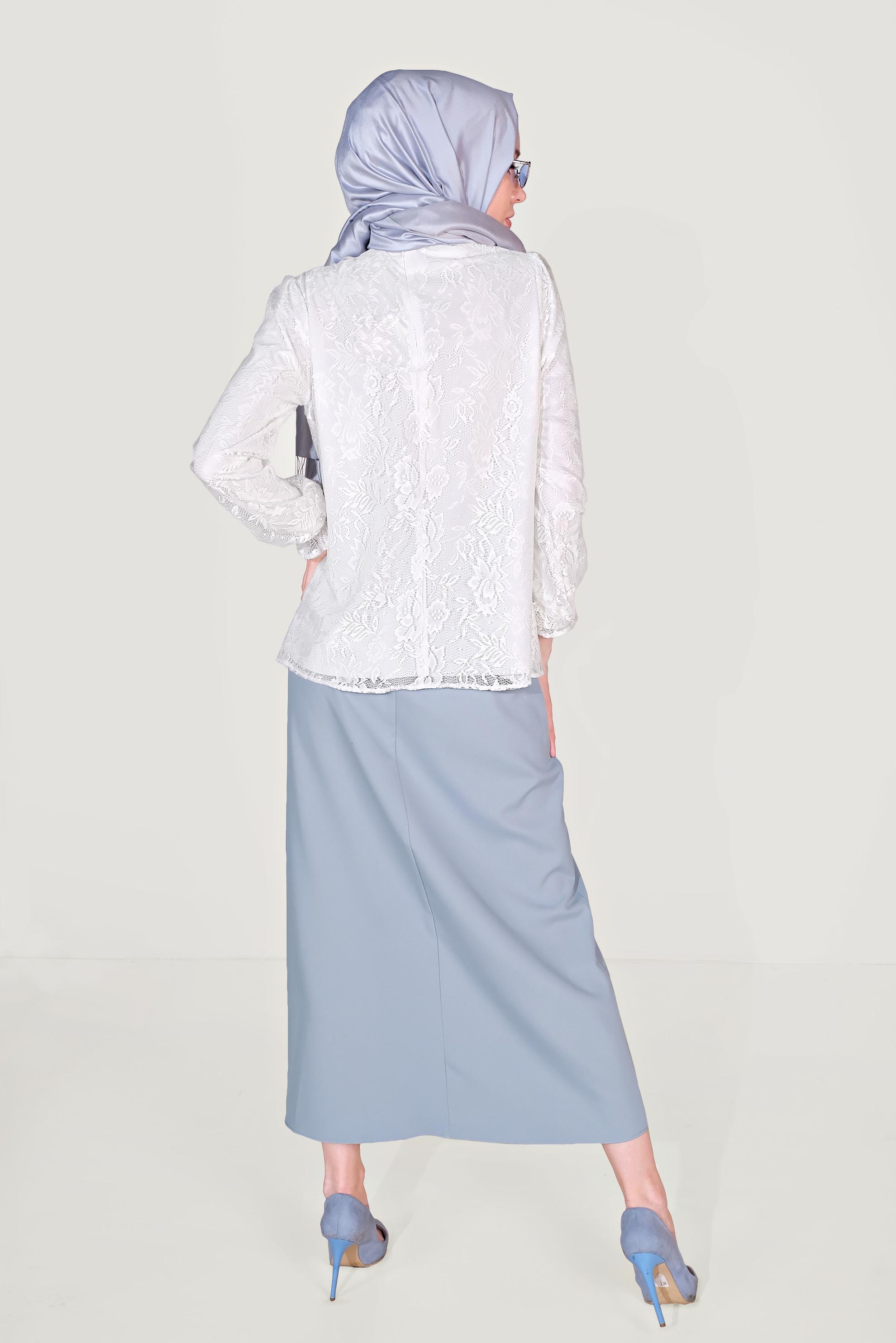 Tesettür giyim BEYAZ MANŞETLERİ LASTİKLİ DANTELLİ BLUZ 40688 