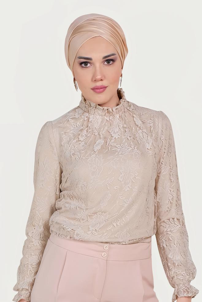 Tesettür giyim BEJ MANŞETLERİ LASTİKLİ DANTELLİ BLUZ 40688  - ALVİNA