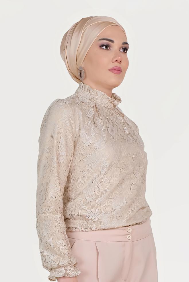 Tesettür giyim BEJ MANŞETLERİ LASTİKLİ DANTELLİ BLUZ 40688  - ALVİNA