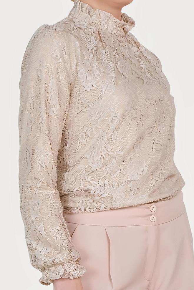 Tesettür giyim BEJ MANŞETLERİ LASTİKLİ DANTELLİ BLUZ 40688  - ALVİNA