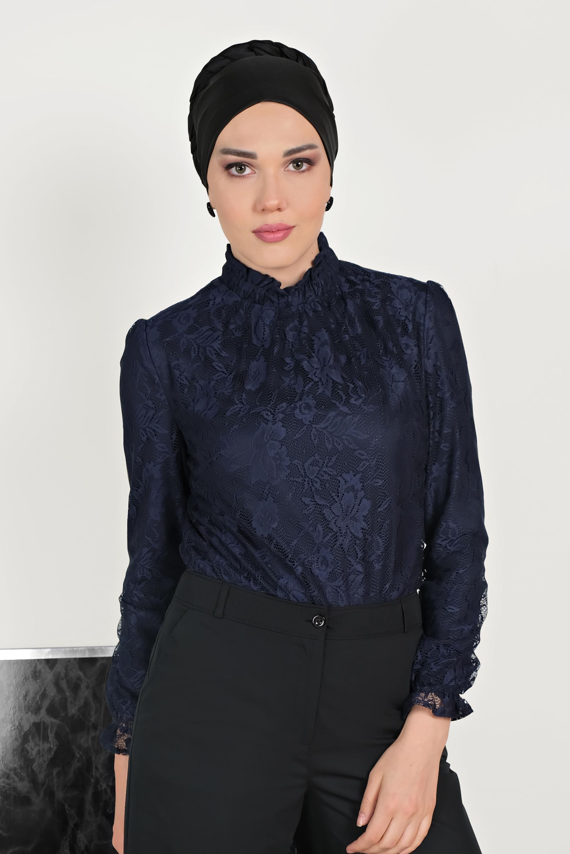 Tesettür giyim LACİVERT MANŞETLERİ LASTİKLİ DANTELLİ BLUZ 40688 
