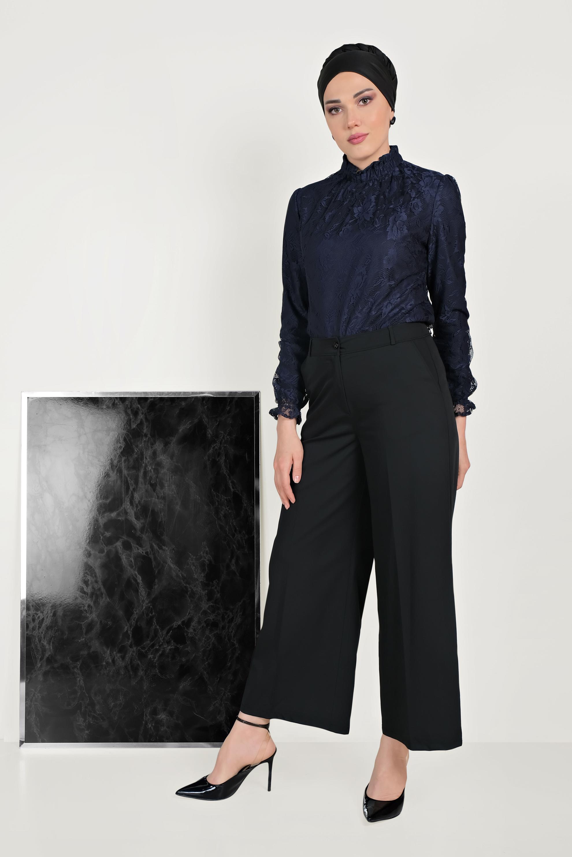 Tesettür giyim LACİVERT MANŞETLERİ LASTİKLİ DANTELLİ BLUZ 40688 