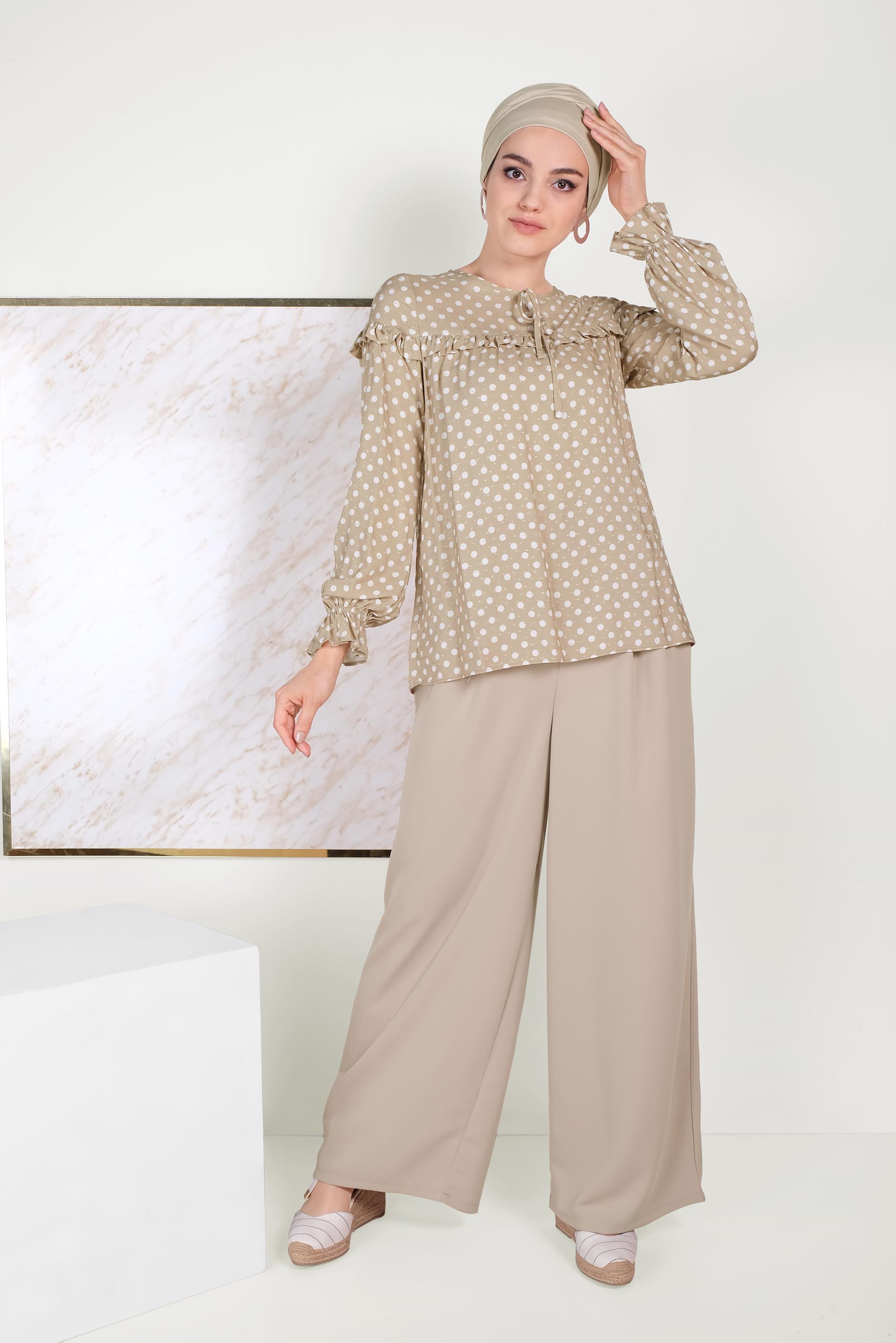 Tesettür giyim KAHVE PUANTİYE DESENLİ BLUZ 40689