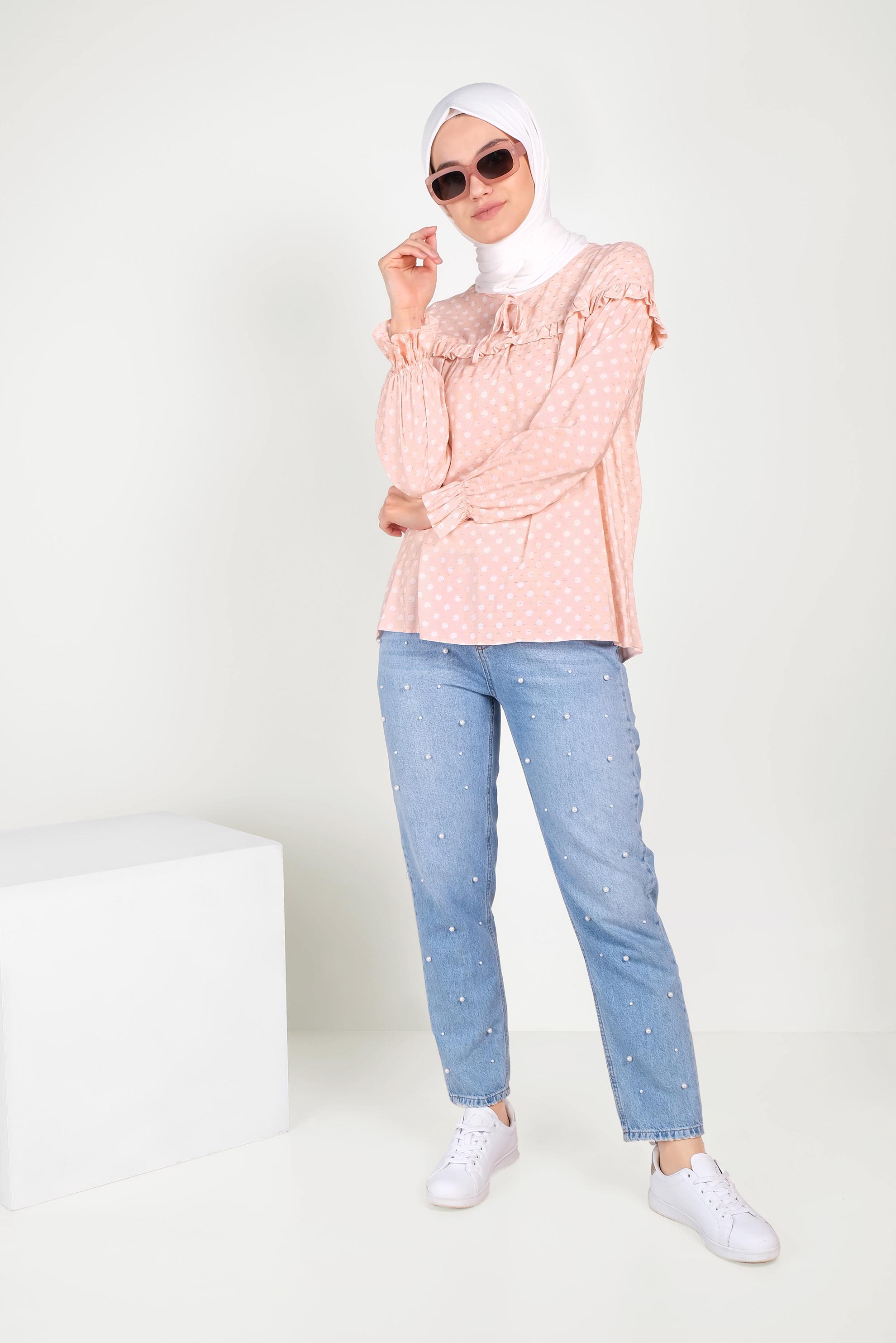 Tesettür giyim PUDRA PUANTİYE DESENLİ BLUZ 40689