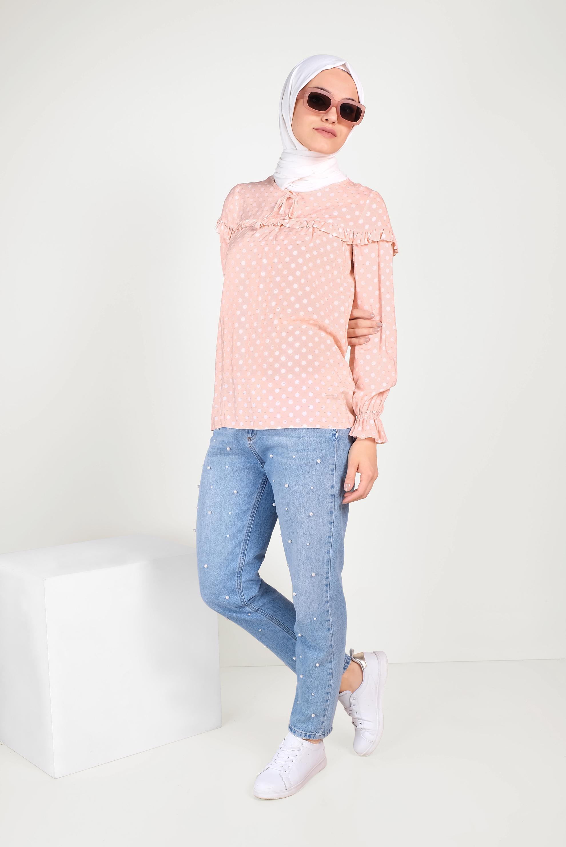 Tesettür giyim PUDRA PUANTİYE DESENLİ BLUZ 40689