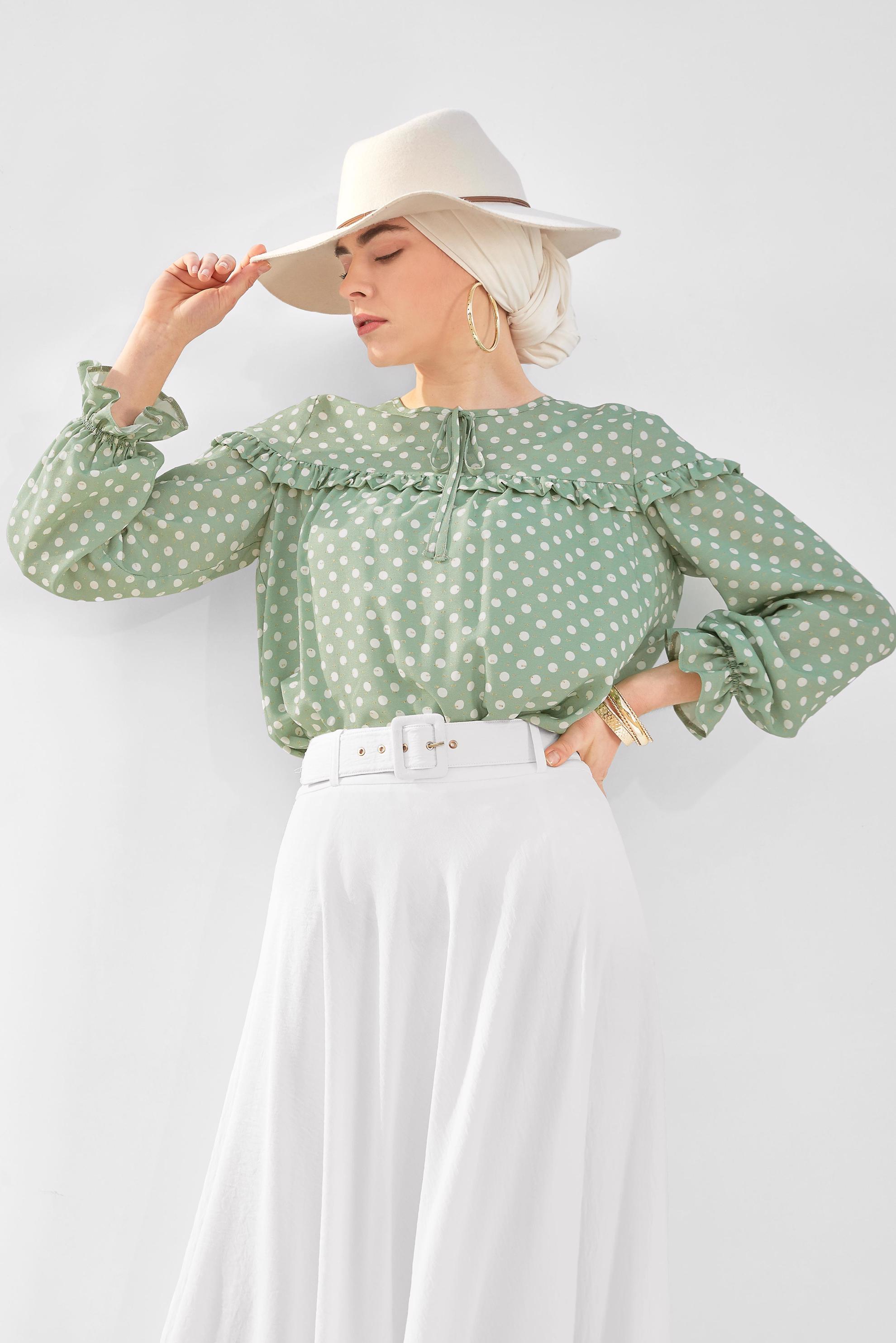 Tesettür giyim YEŞİL PUANTİYE DESENLİ BLUZ 40689