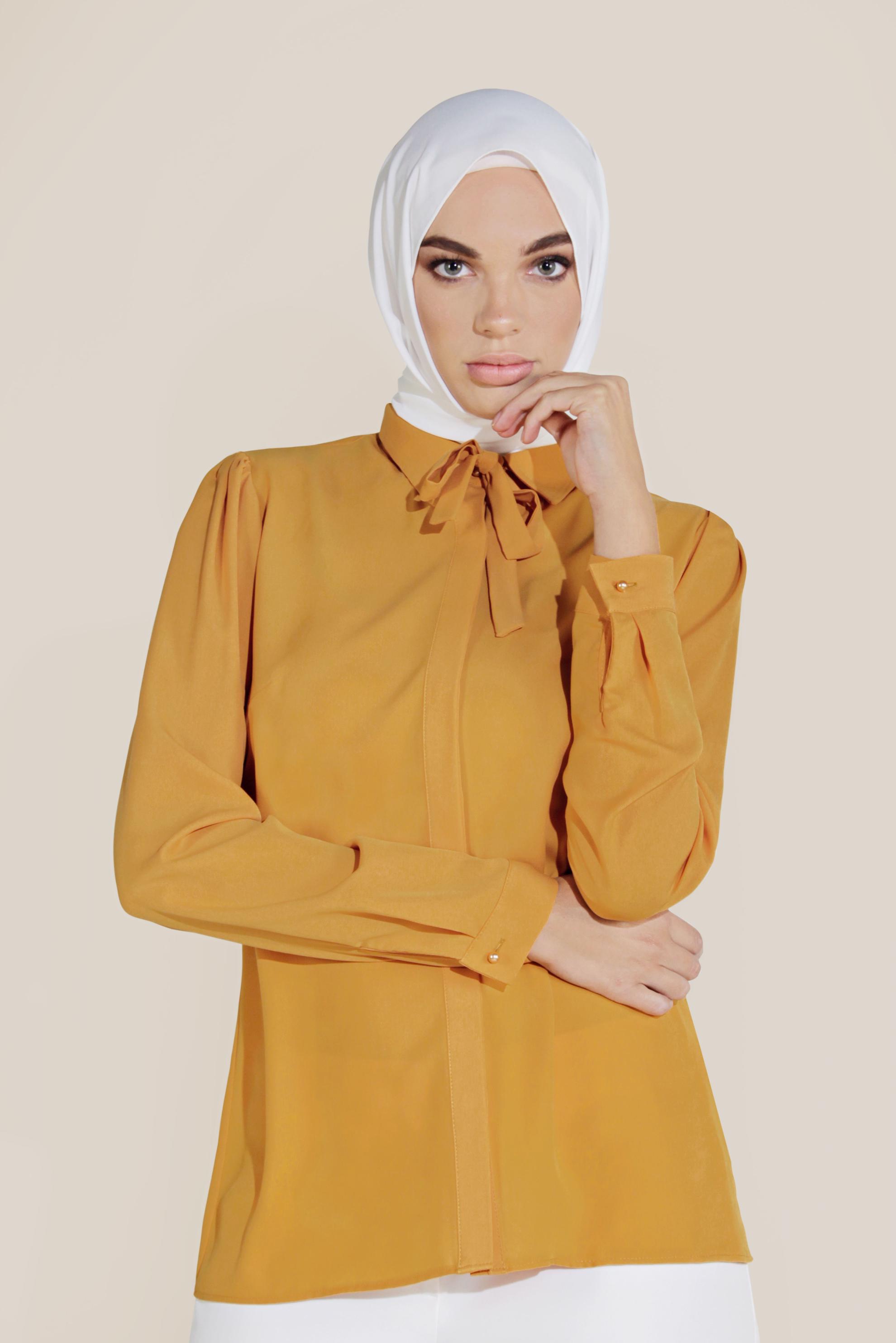 Tesettür giyim SARI ŞİFON YAKASI BAĞLAMALI BLUZ 40715