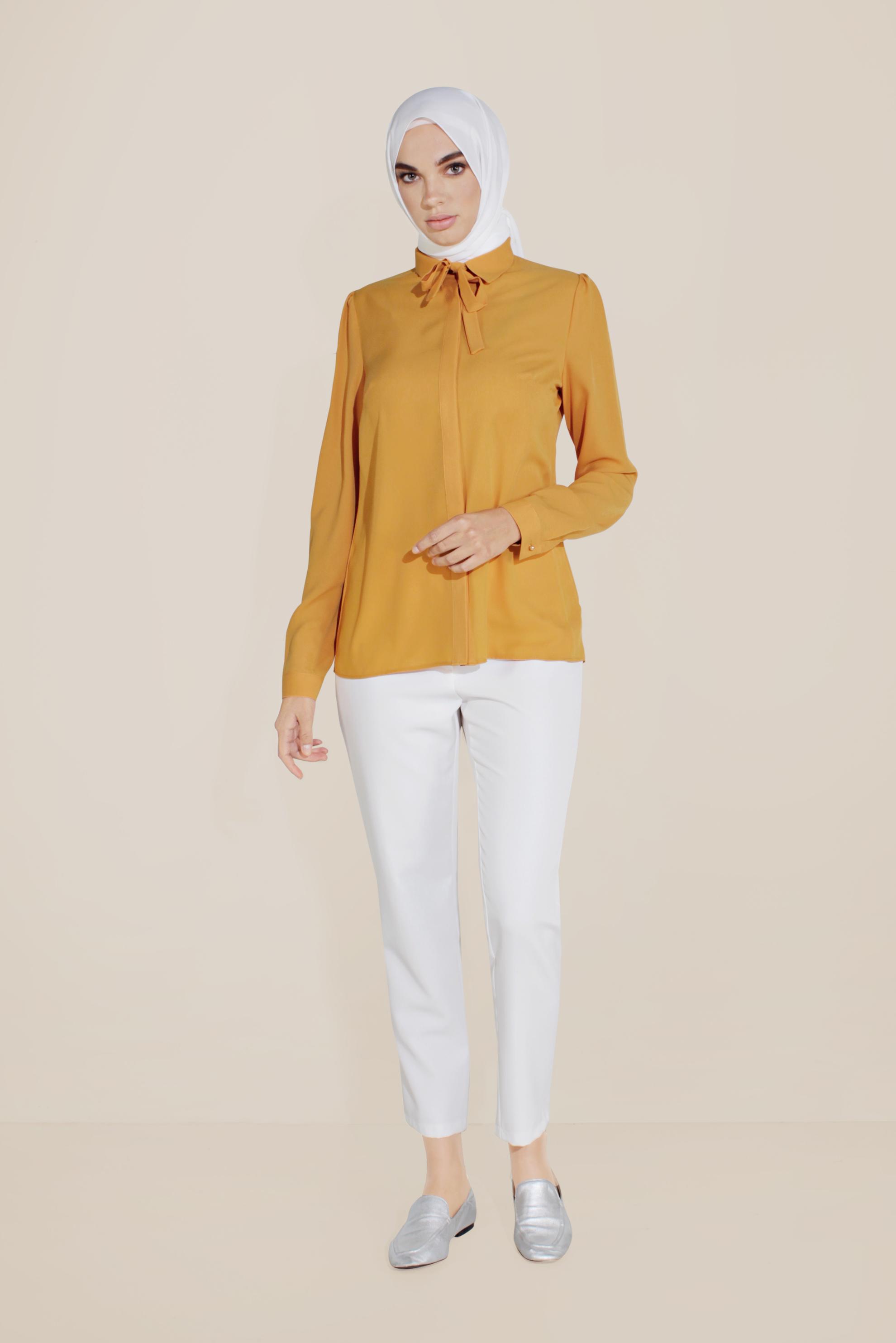 Tesettür giyim SARI ŞİFON YAKASI BAĞLAMALI BLUZ 40715