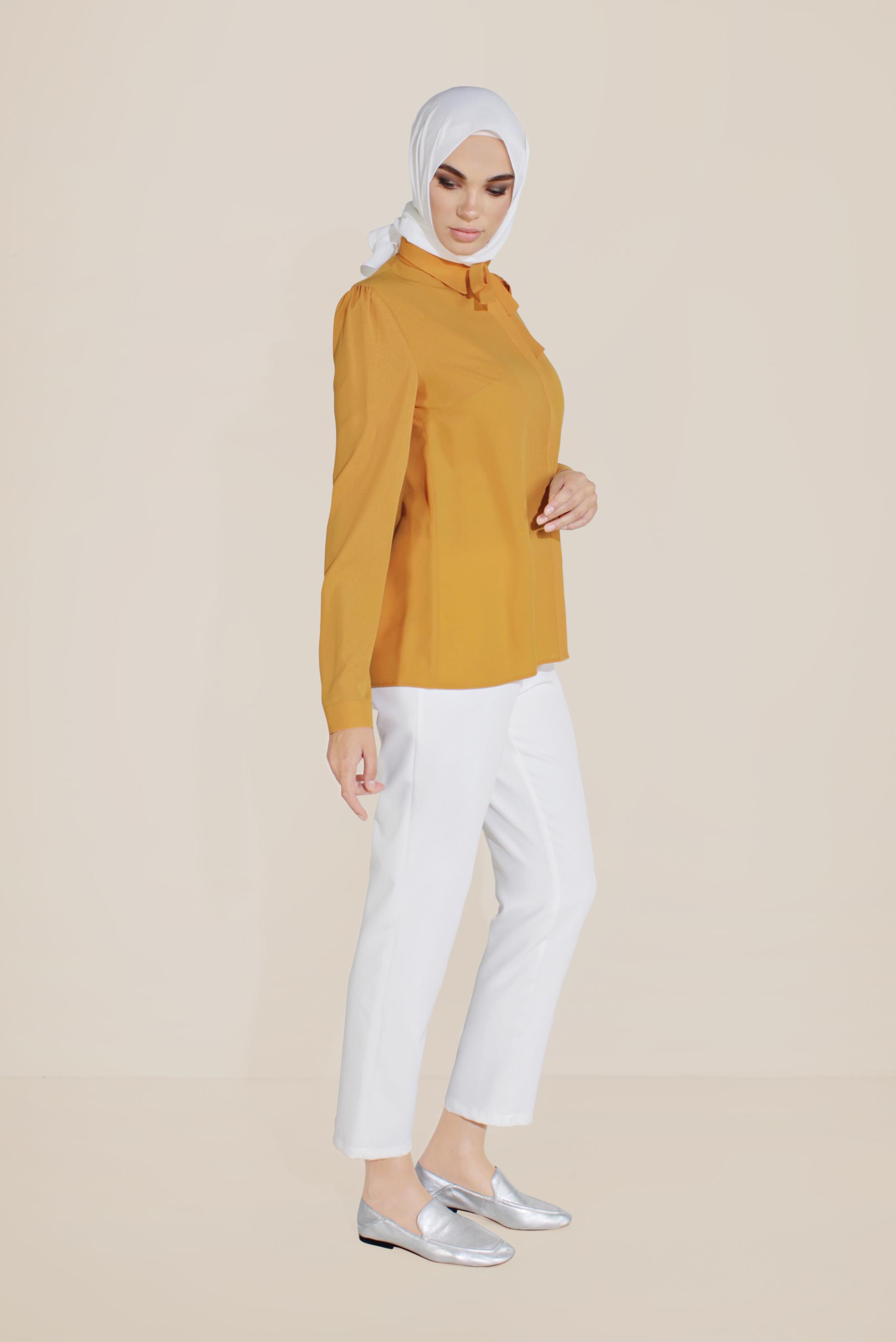 Tesettür giyim SARI ŞİFON YAKASI BAĞLAMALI BLUZ 40715