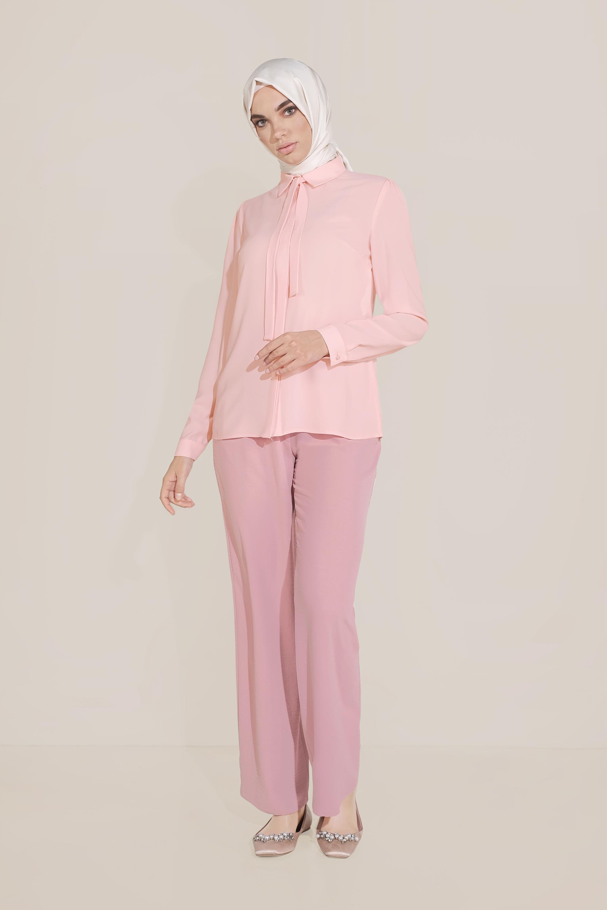 Tesettür giyim PUDRA ŞİFON YAKASI BAĞLAMALI BLUZ 40715