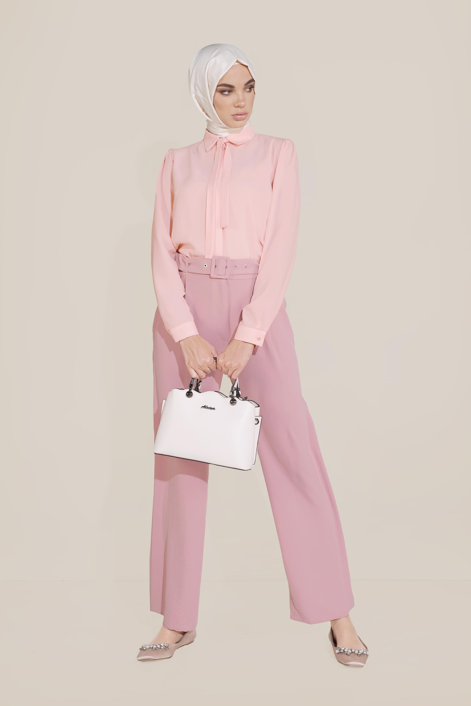 Tesettür giyim PUDRA ŞİFON YAKASI BAĞLAMALI BLUZ 40715