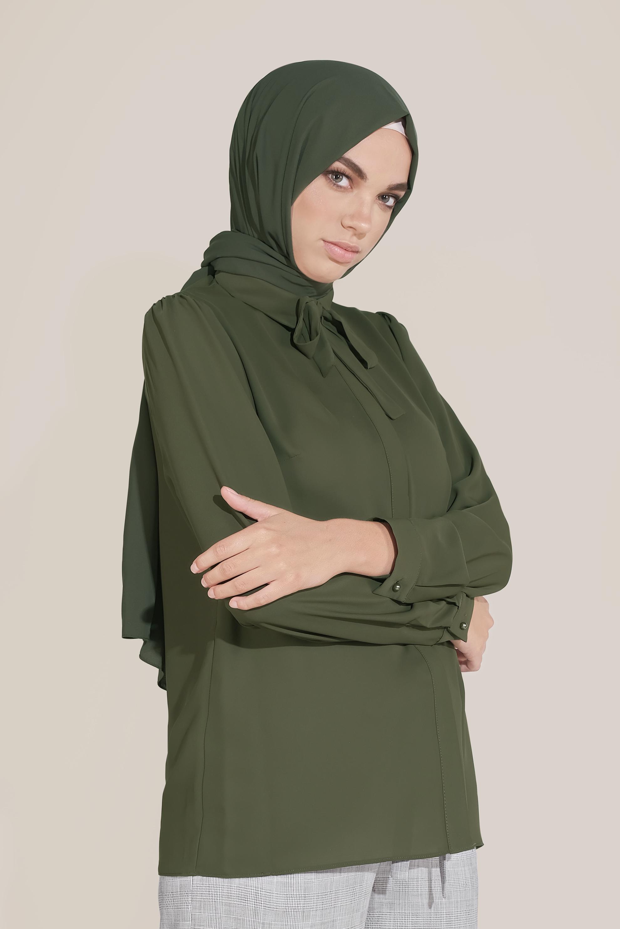 Tesettür giyim HAKİ ŞİFON YAKASI BAĞLAMALI BLUZ 40715