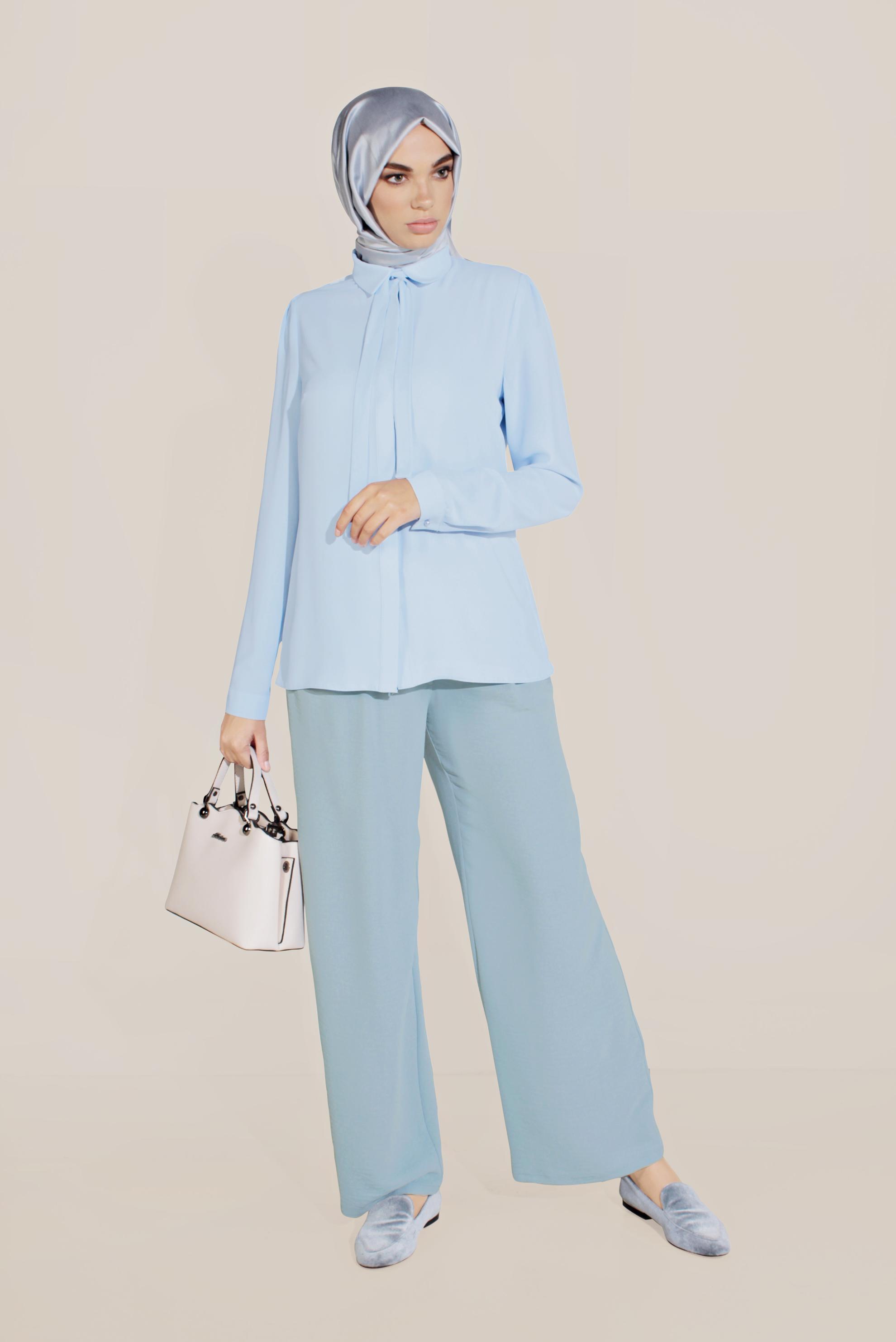 Tesettür giyim MAVİ ŞİFON YAKASI BAĞLAMALI BLUZ 40715