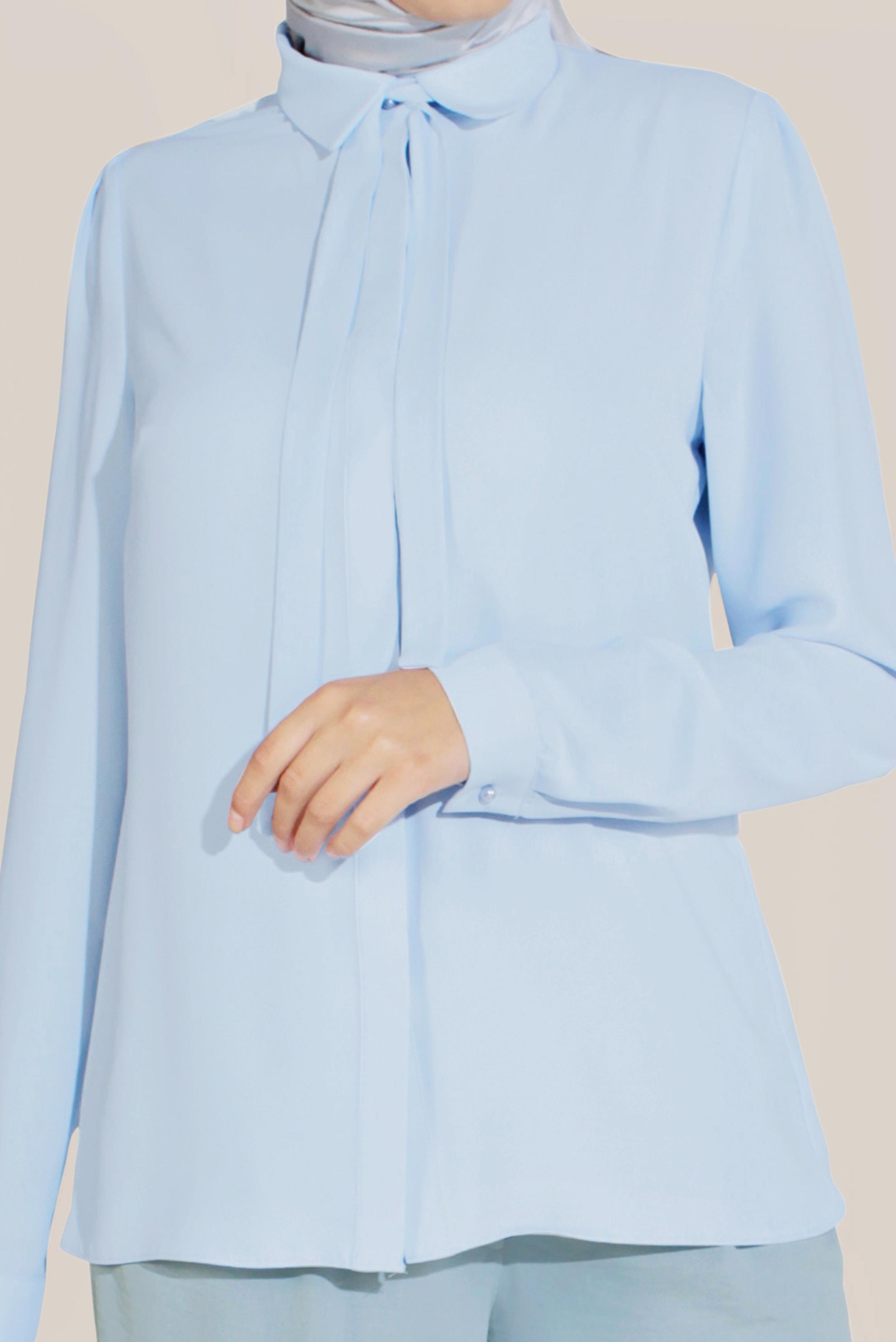 Tesettür giyim MAVİ ŞİFON YAKASI BAĞLAMALI BLUZ 40715