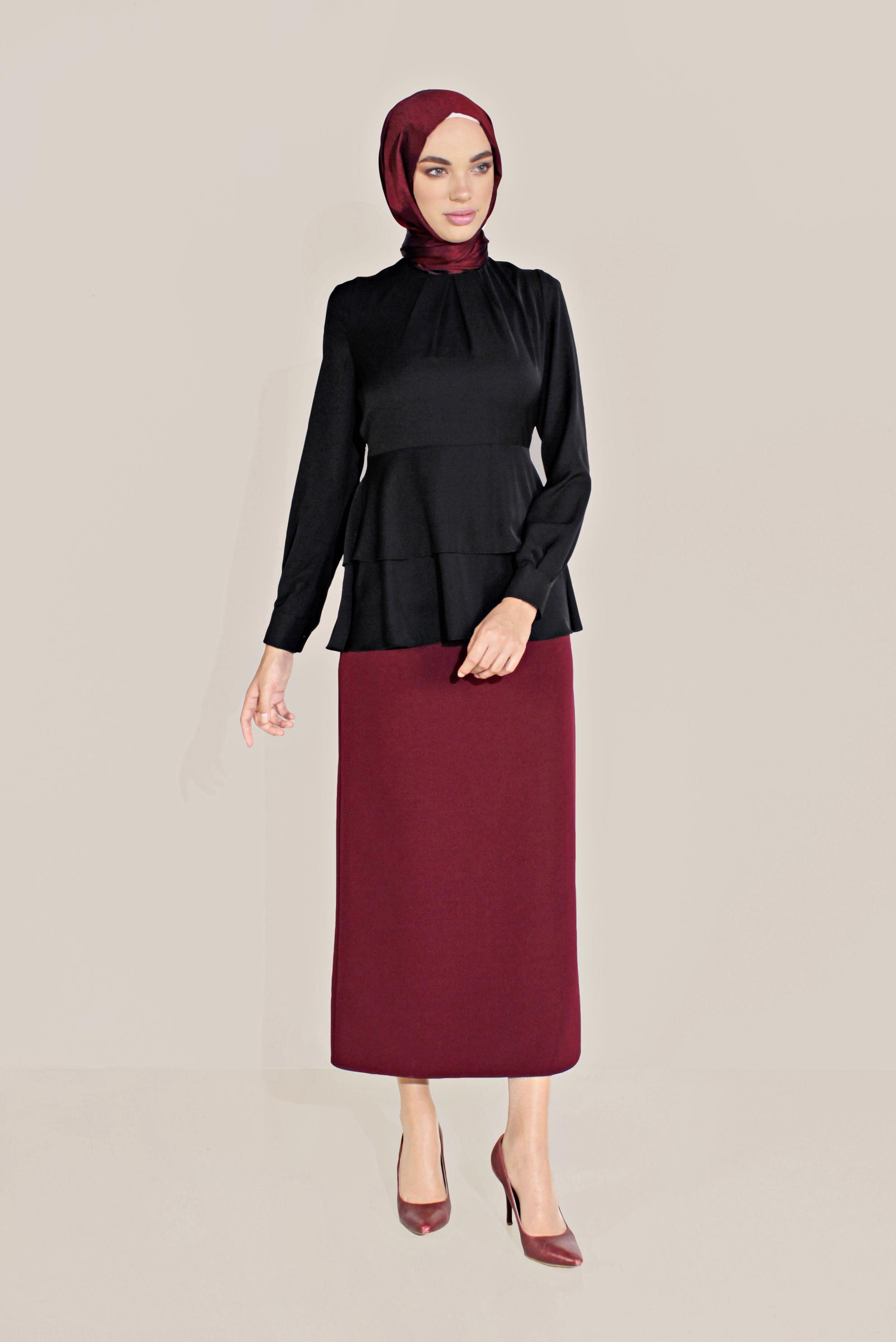 Tesettür giyim SİYAH FIRFIRLI BİSİKLET YAKA ŞİFON BLUZ 40717