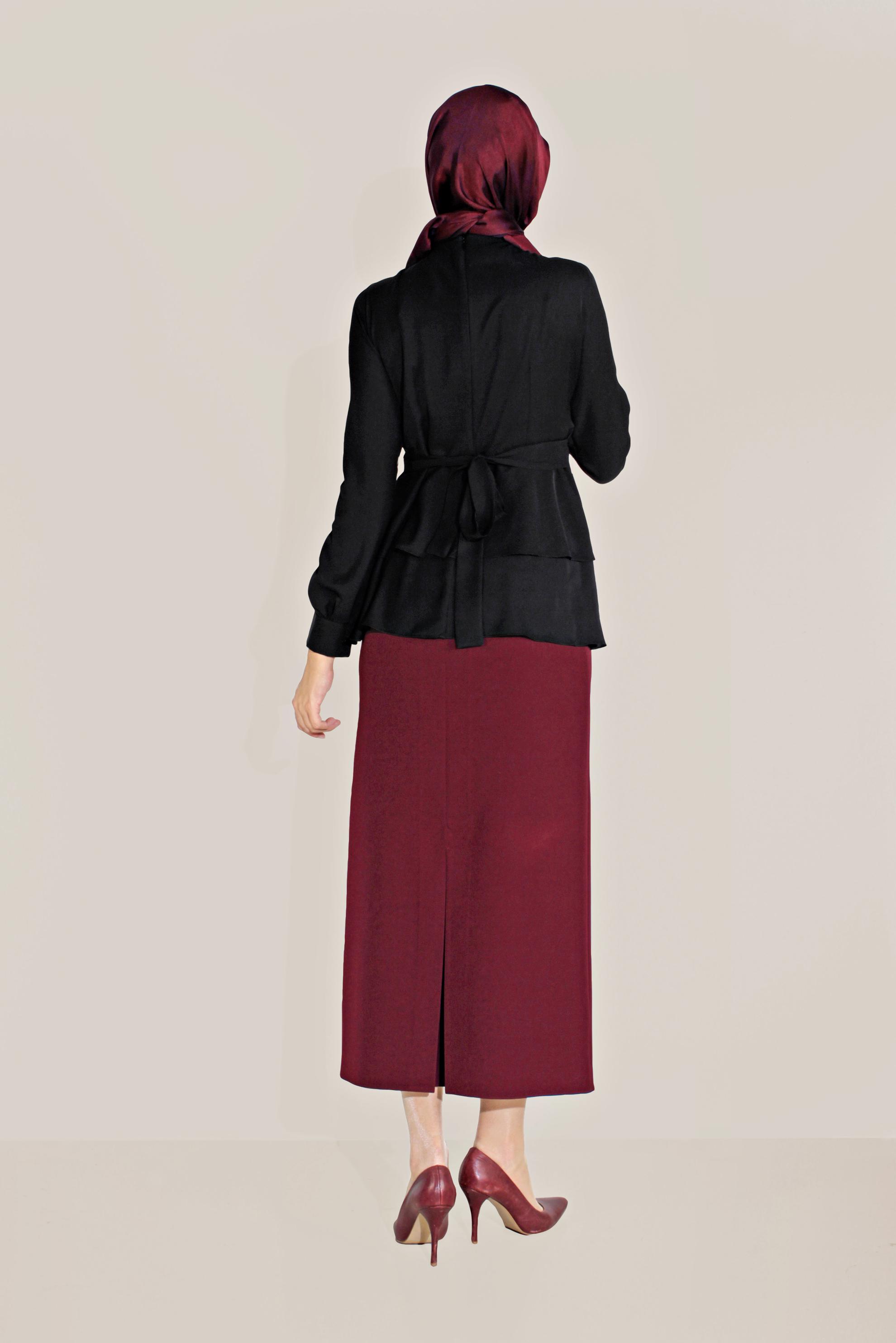 Tesettür giyim SİYAH FIRFIRLI BİSİKLET YAKA ŞİFON BLUZ 40717