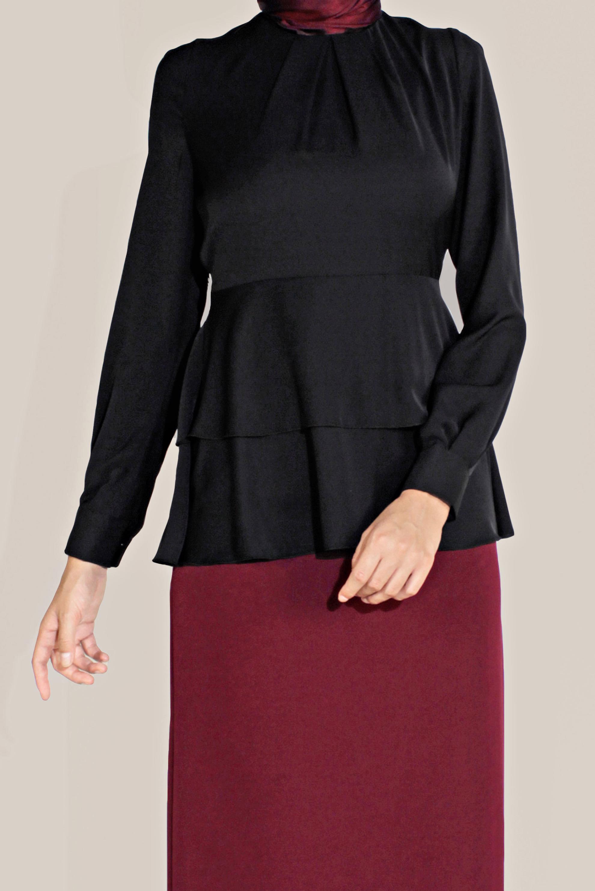 Tesettür giyim SİYAH FIRFIRLI BİSİKLET YAKA ŞİFON BLUZ 40717