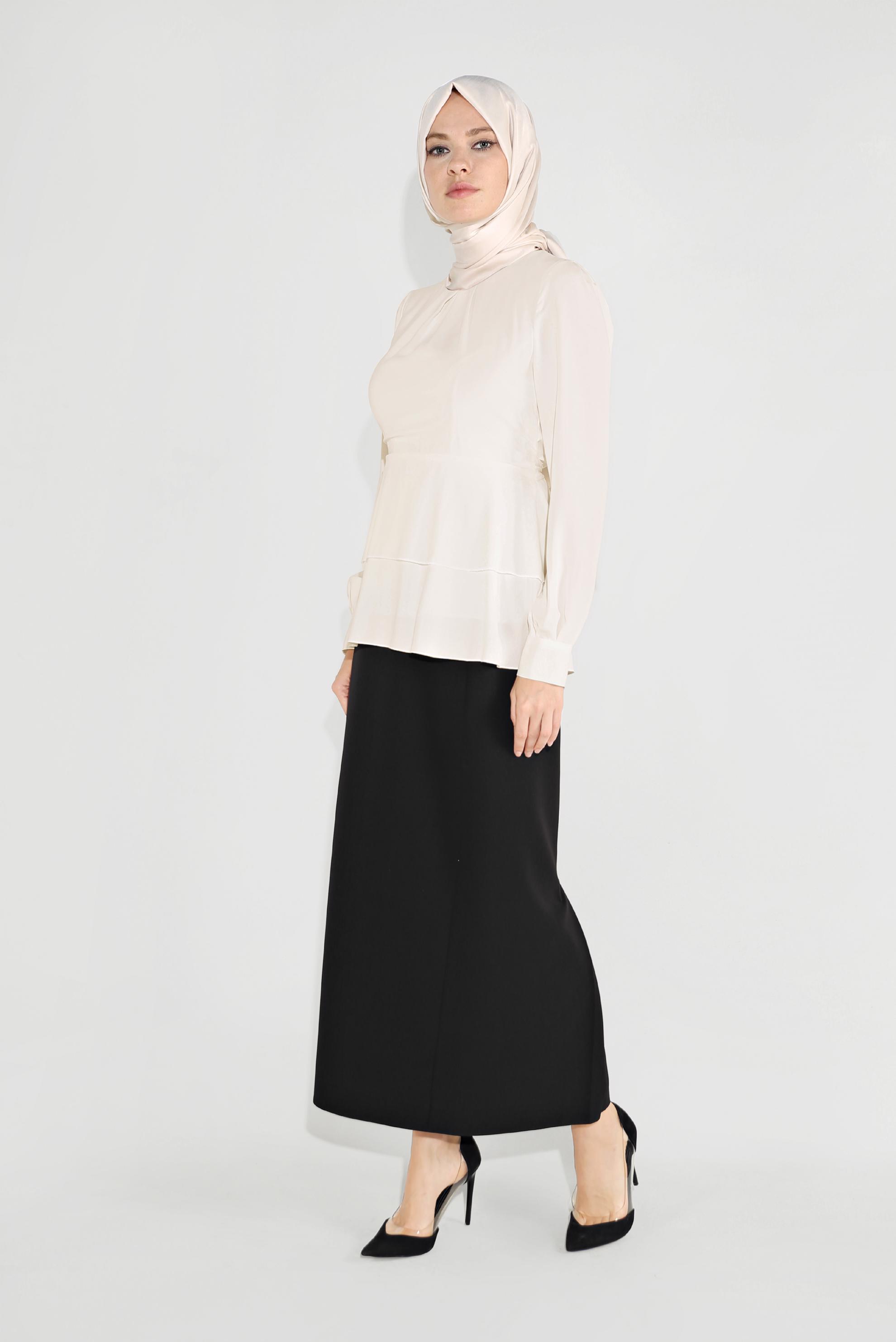 Tesettür giyim BEYAZ FIRFIRLI BİSİKLET YAKA ŞİFON BLUZ 40717