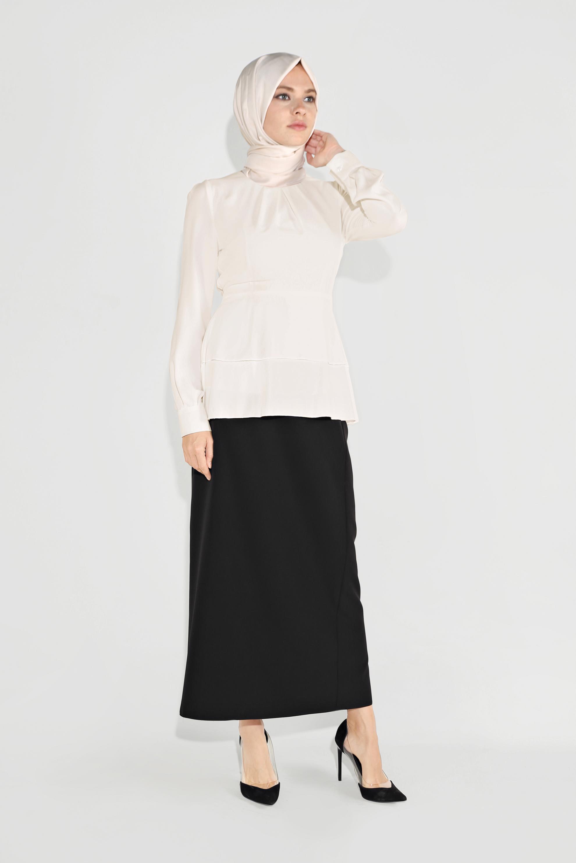 Tesettür giyim BEYAZ FIRFIRLI BİSİKLET YAKA ŞİFON BLUZ 40717