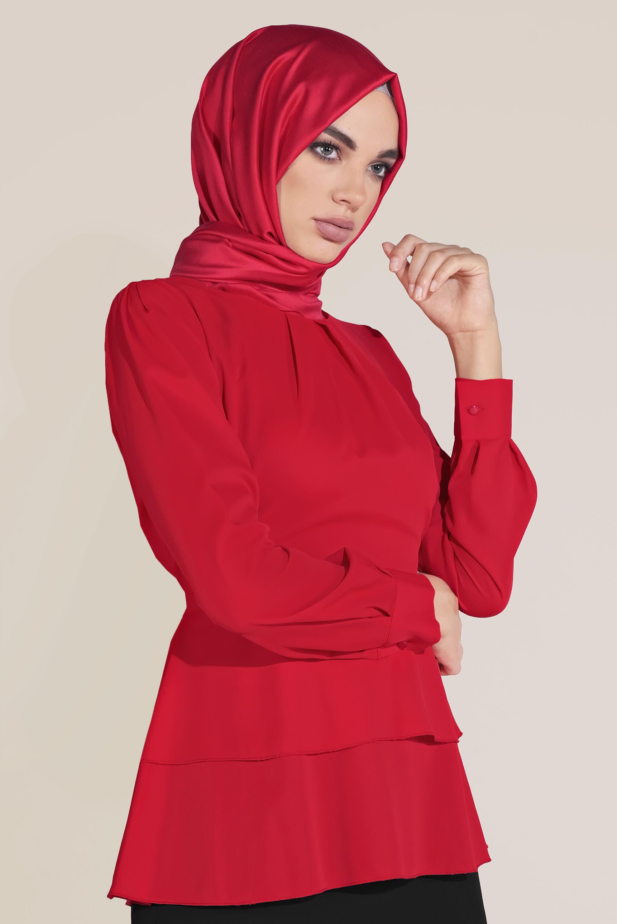Tesettür giyim KIRMIZI FIRFIRLI BİSİKLET YAKA ŞİFON BLUZ 40717
