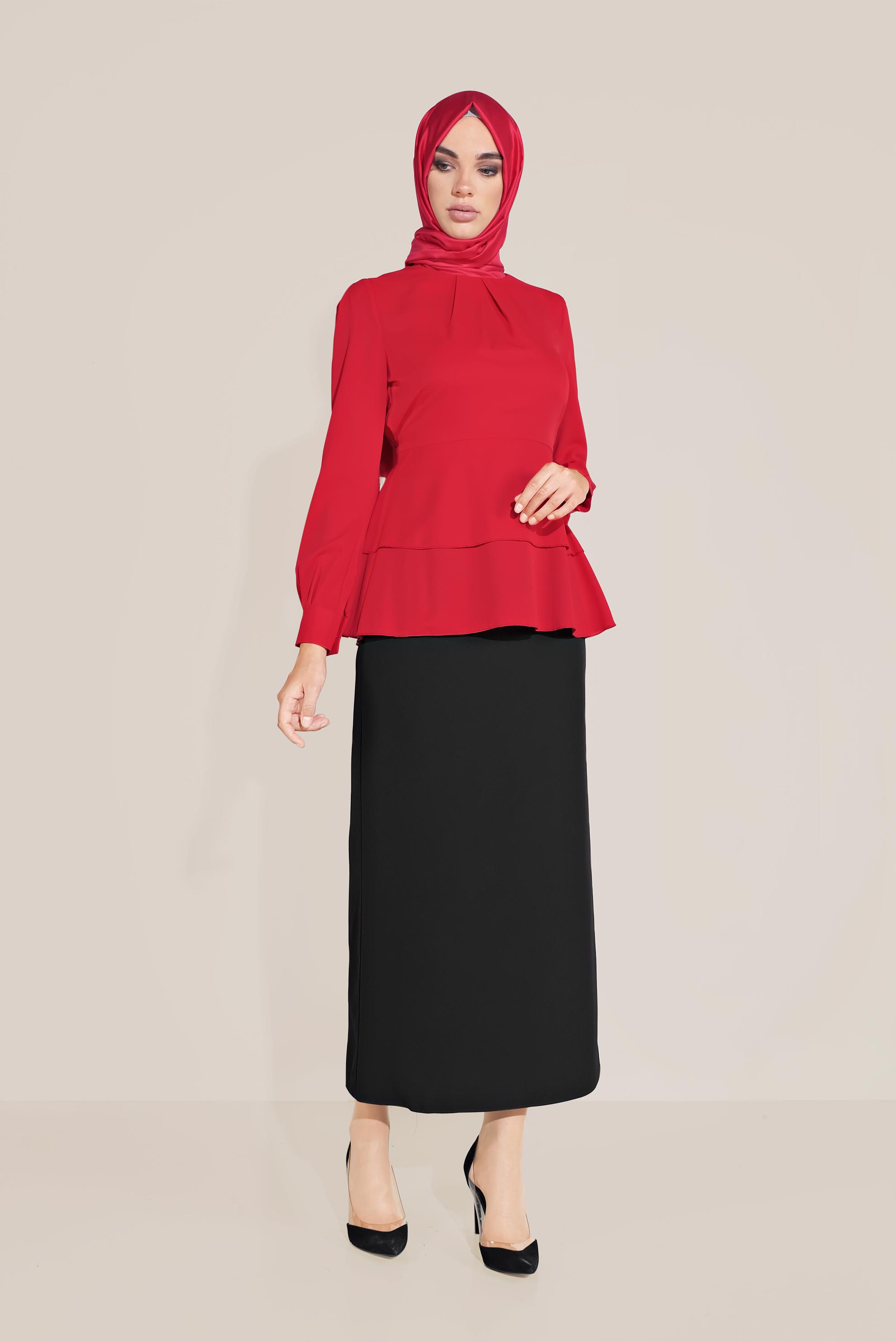 Tesettür giyim KIRMIZI FIRFIRLI BİSİKLET YAKA ŞİFON BLUZ 40717