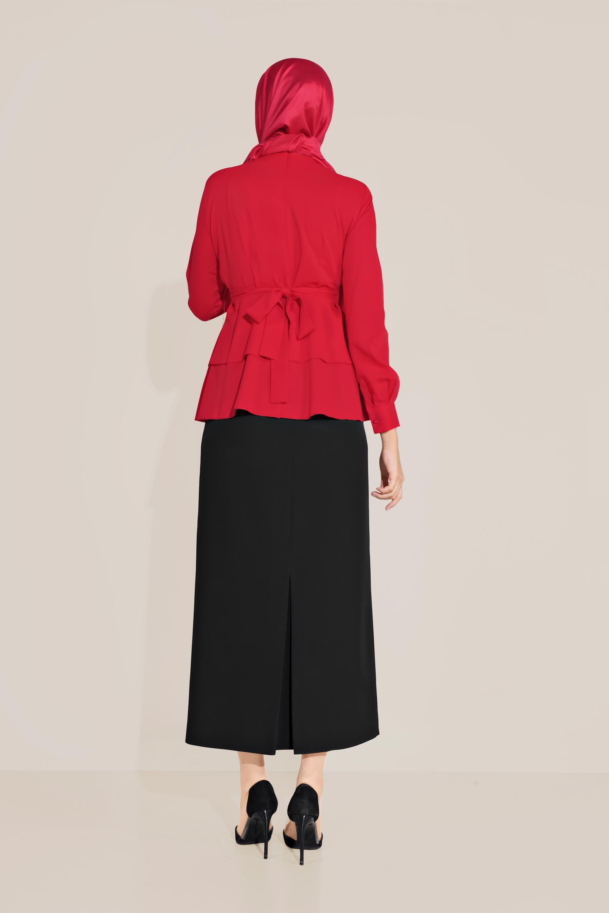 Tesettür giyim KIRMIZI FIRFIRLI BİSİKLET YAKA ŞİFON BLUZ 40717