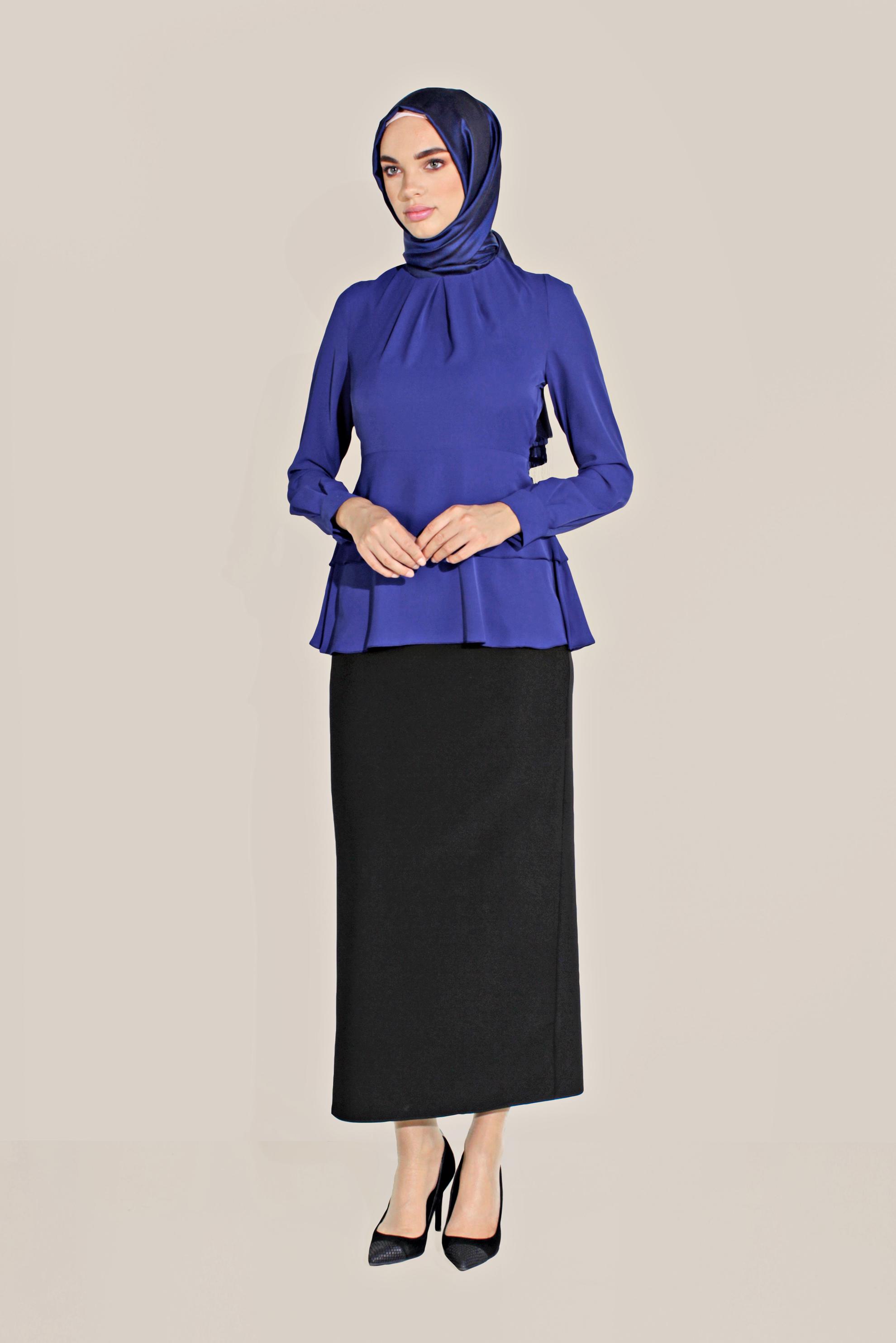 Tesettür giyim LACİVERT FIRFIRLI BİSİKLET YAKA ŞİFON BLUZ 40717