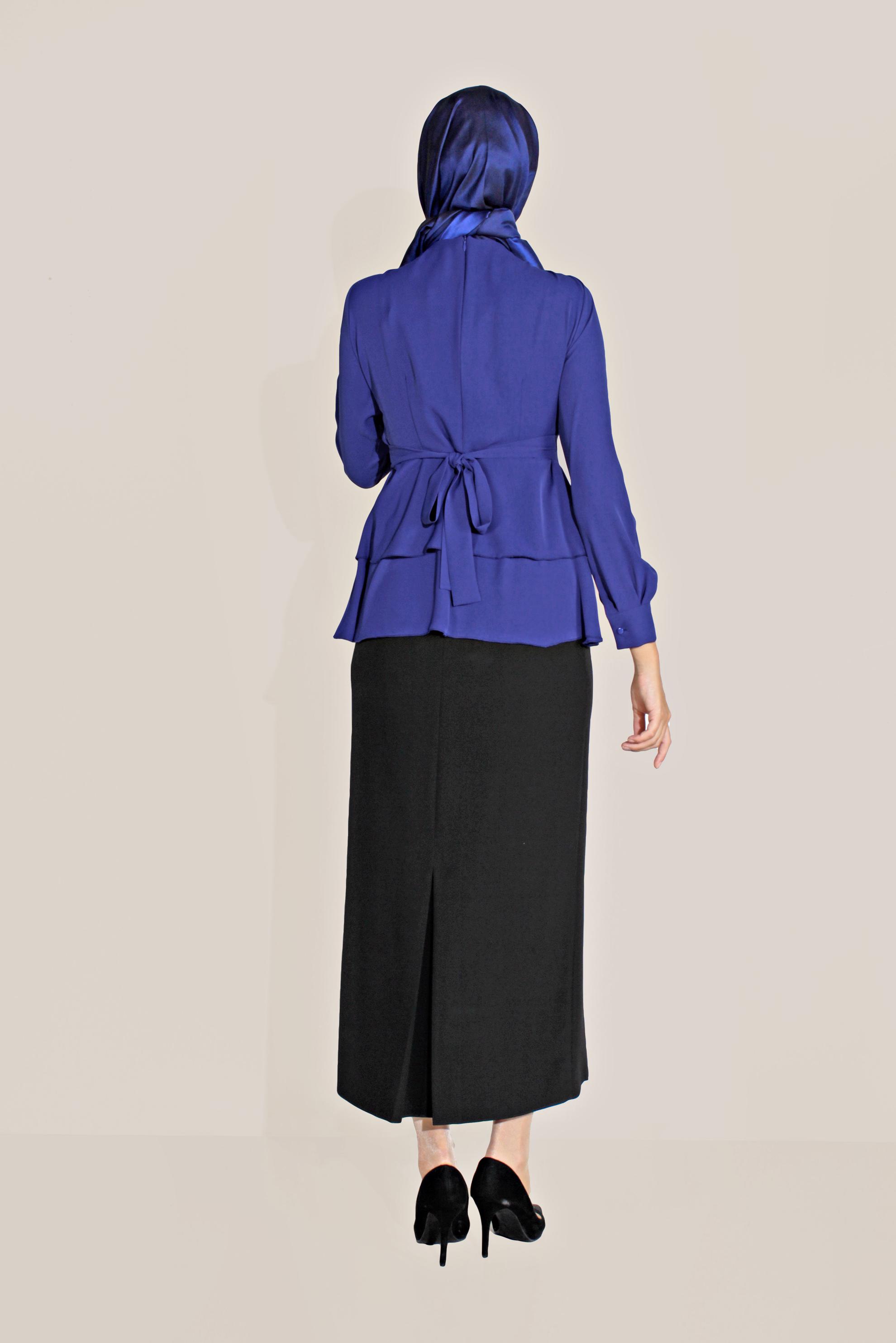 Tesettür giyim LACİVERT FIRFIRLI BİSİKLET YAKA ŞİFON BLUZ 40717