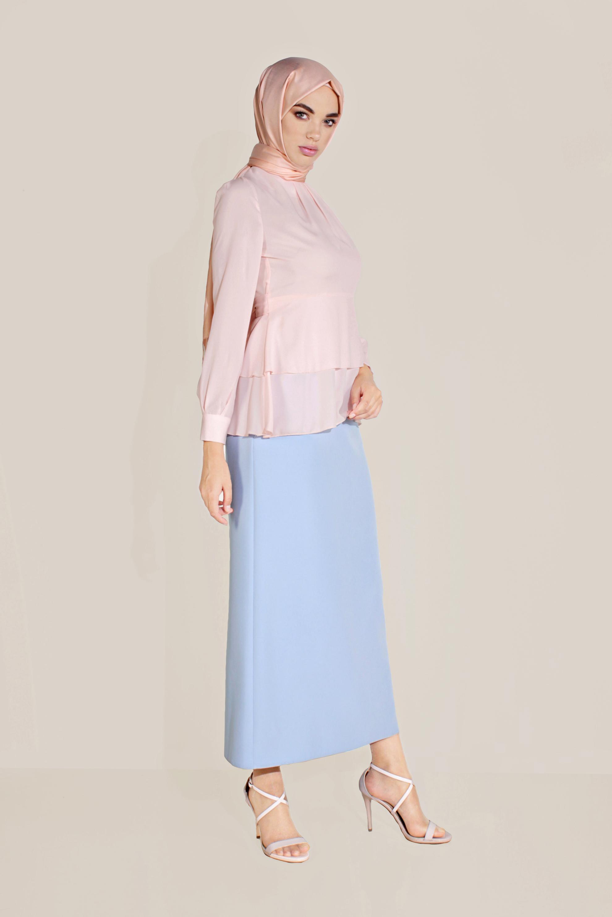 Tesettür giyim PUDRA FIRFIRLI BİSİKLET YAKA ŞİFON BLUZ 40717