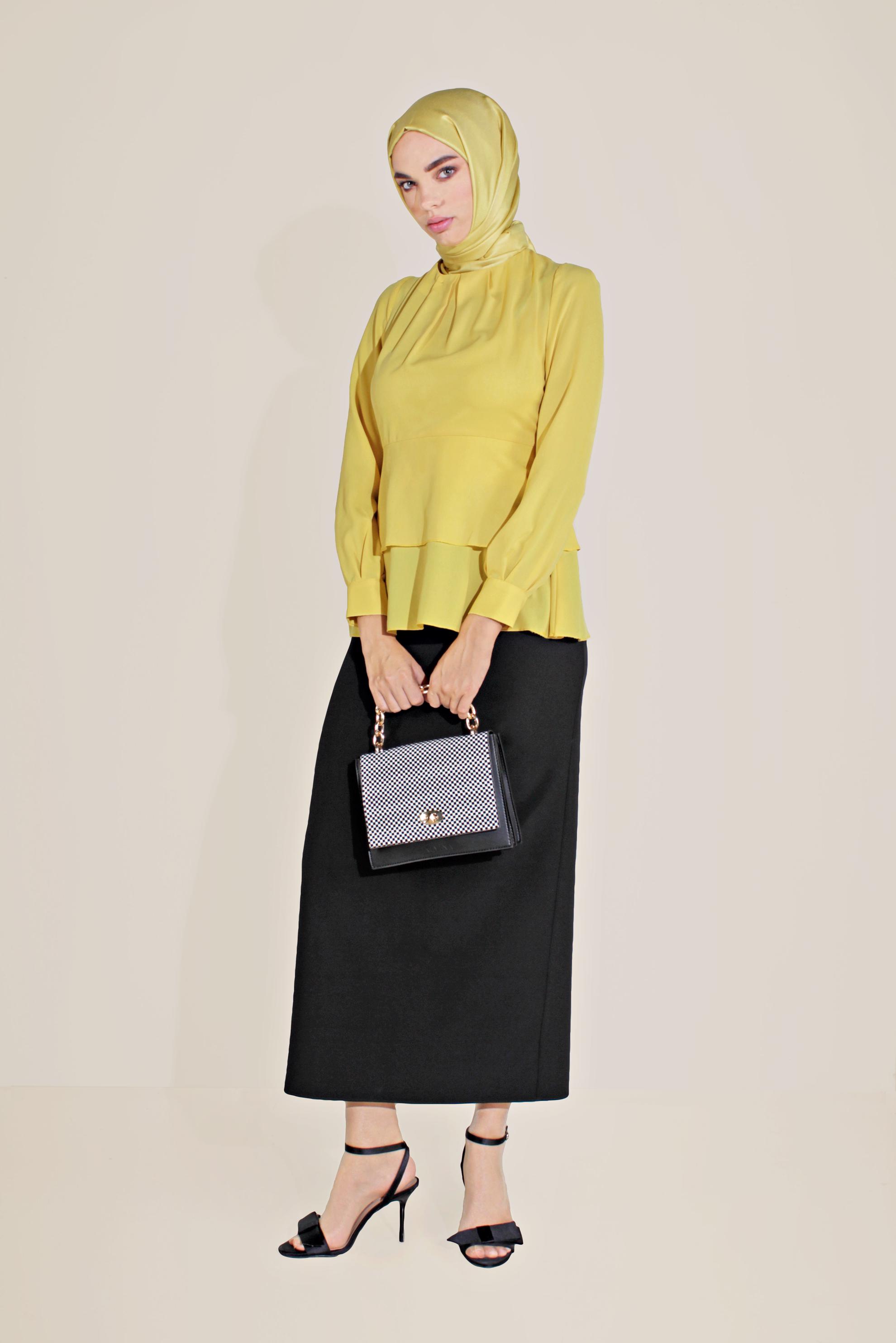 Tesettür giyim SARI FIRFIRLI BİSİKLET YAKA ŞİFON BLUZ 40717