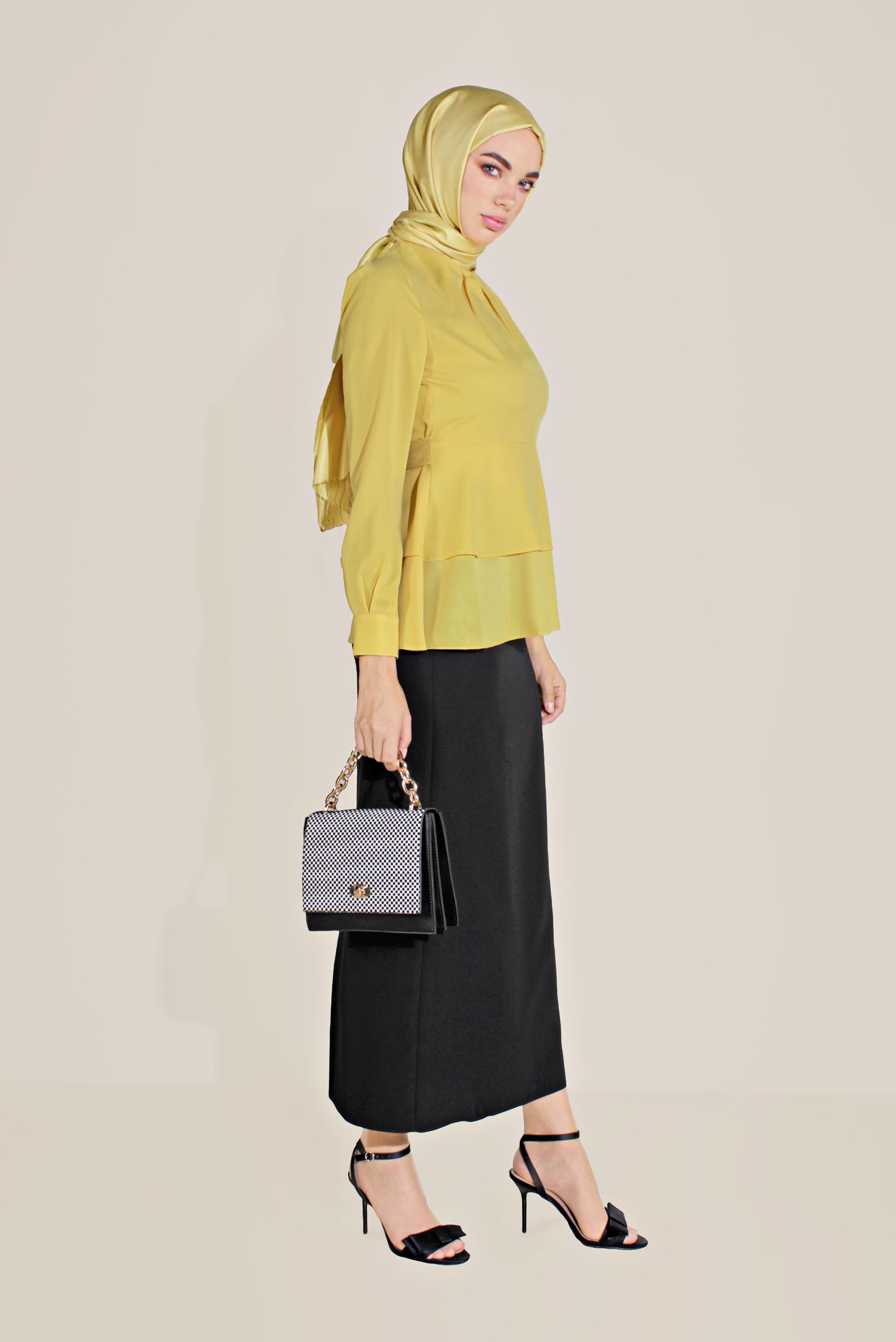 Tesettür giyim SARI FIRFIRLI BİSİKLET YAKA ŞİFON BLUZ 40717