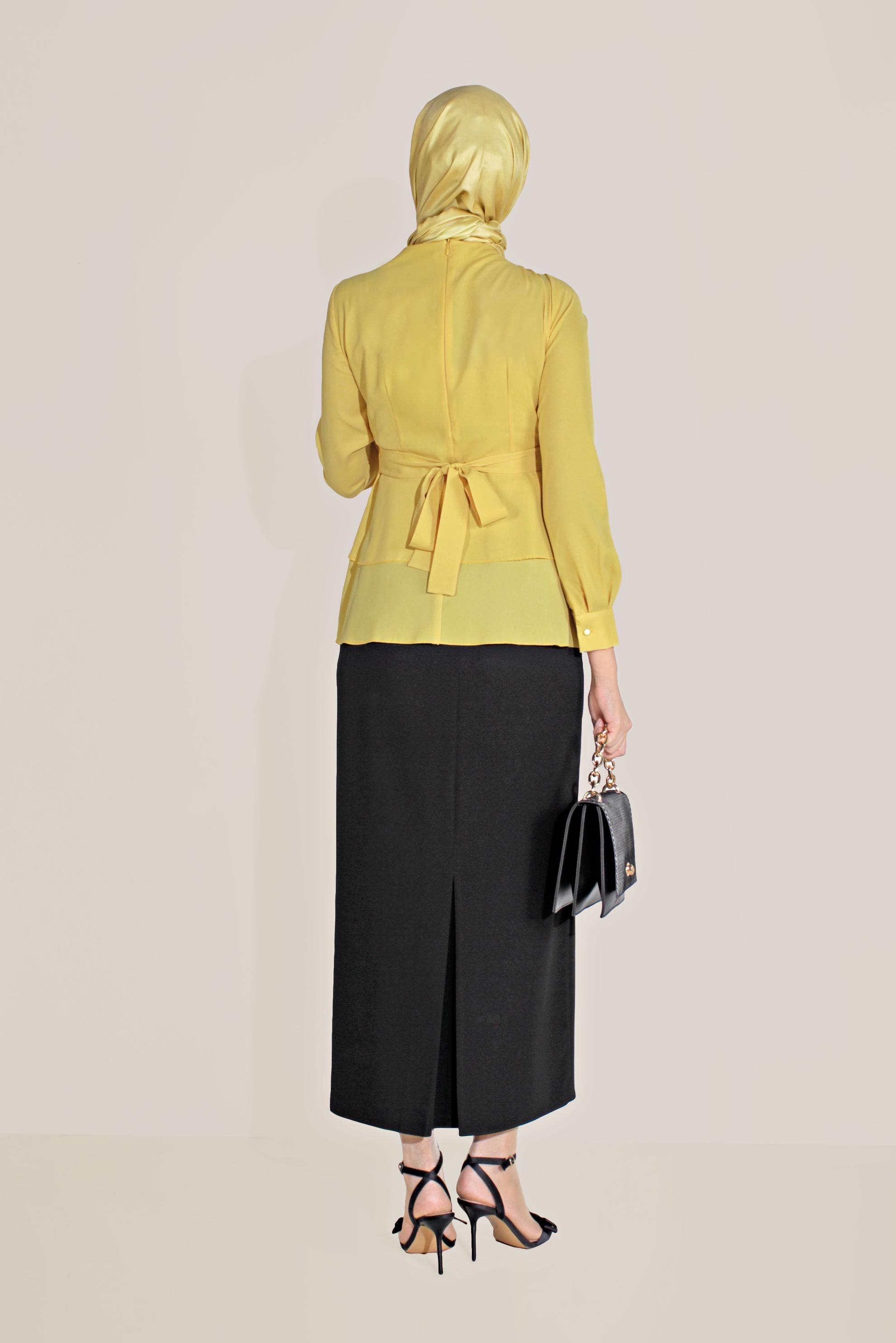 Tesettür giyim SARI FIRFIRLI BİSİKLET YAKA ŞİFON BLUZ 40717