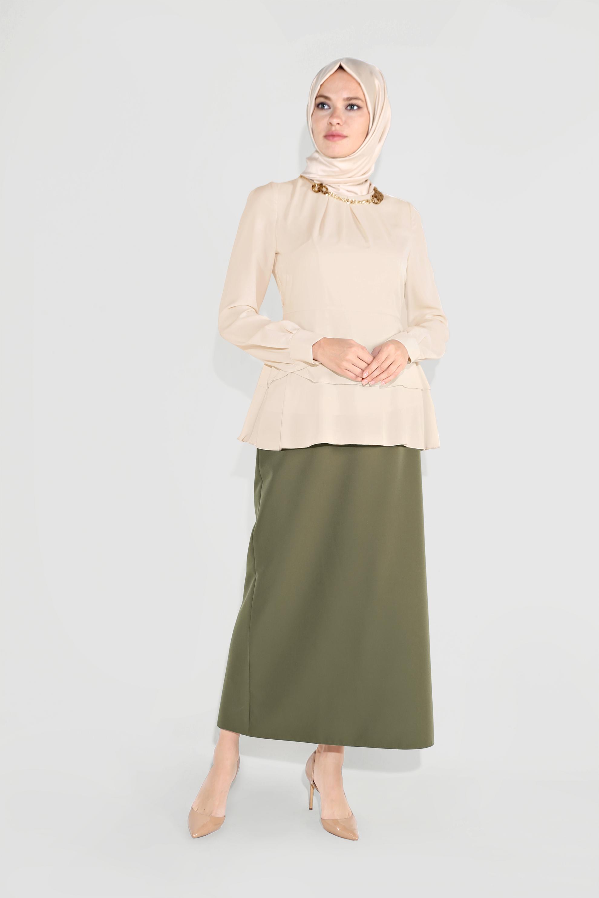 Tesettür giyim EKRU FIRFIRLI BİSİKLET YAKA ŞİFON BLUZ 40717