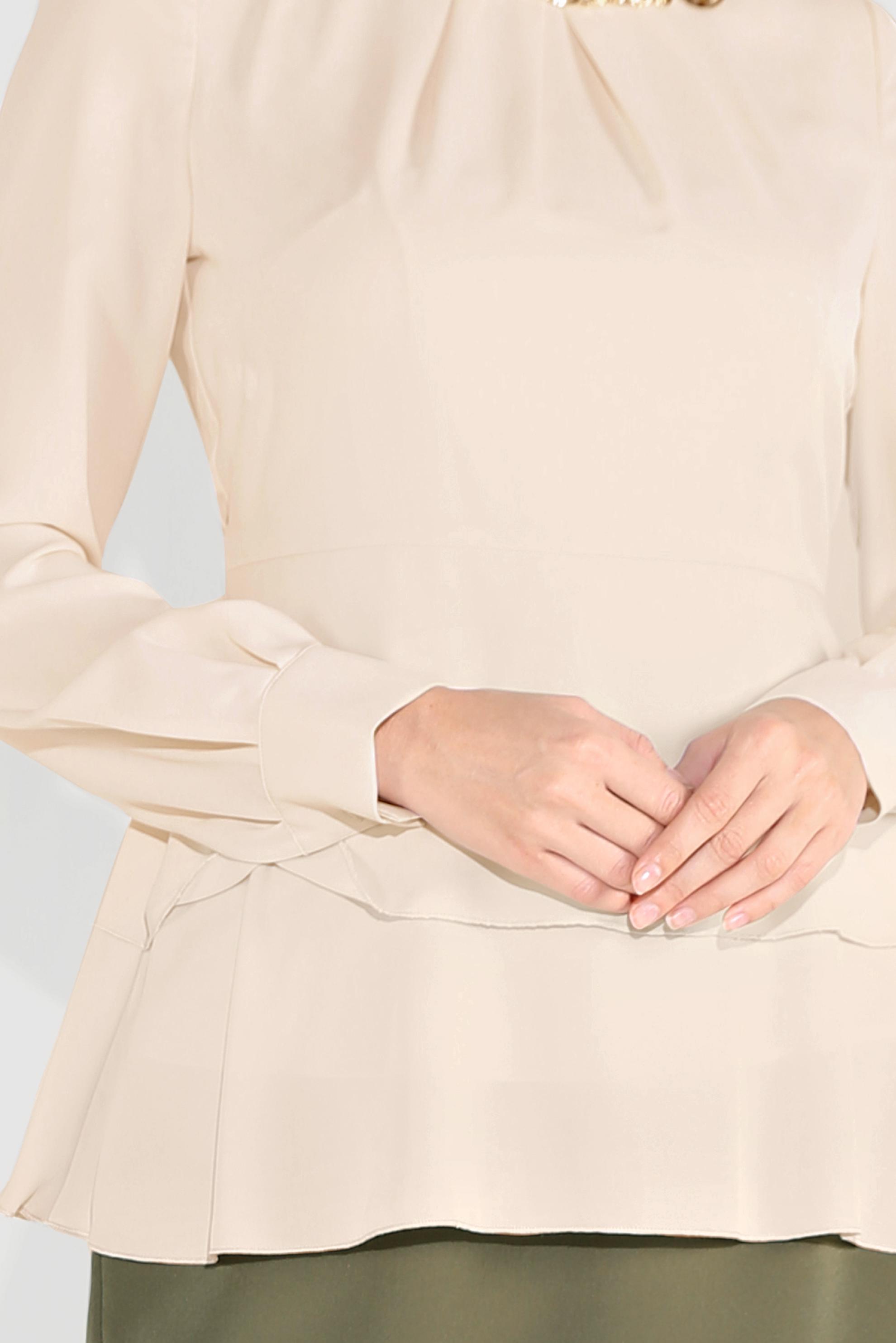 Tesettür giyim EKRU FIRFIRLI BİSİKLET YAKA ŞİFON BLUZ 40717