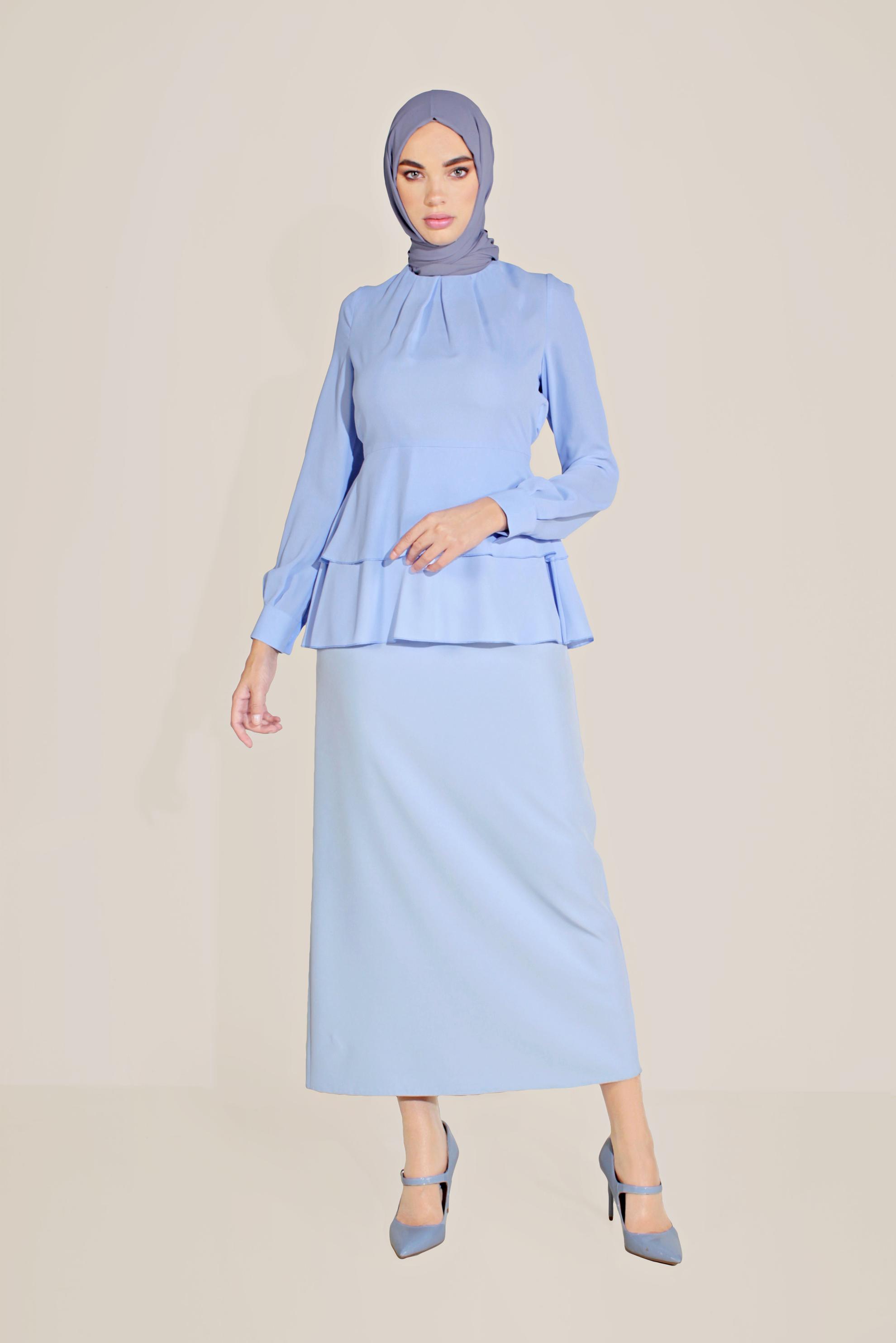 Tesettür giyim MAVİ FIRFIRLI BİSİKLET YAKA ŞİFON BLUZ 40717