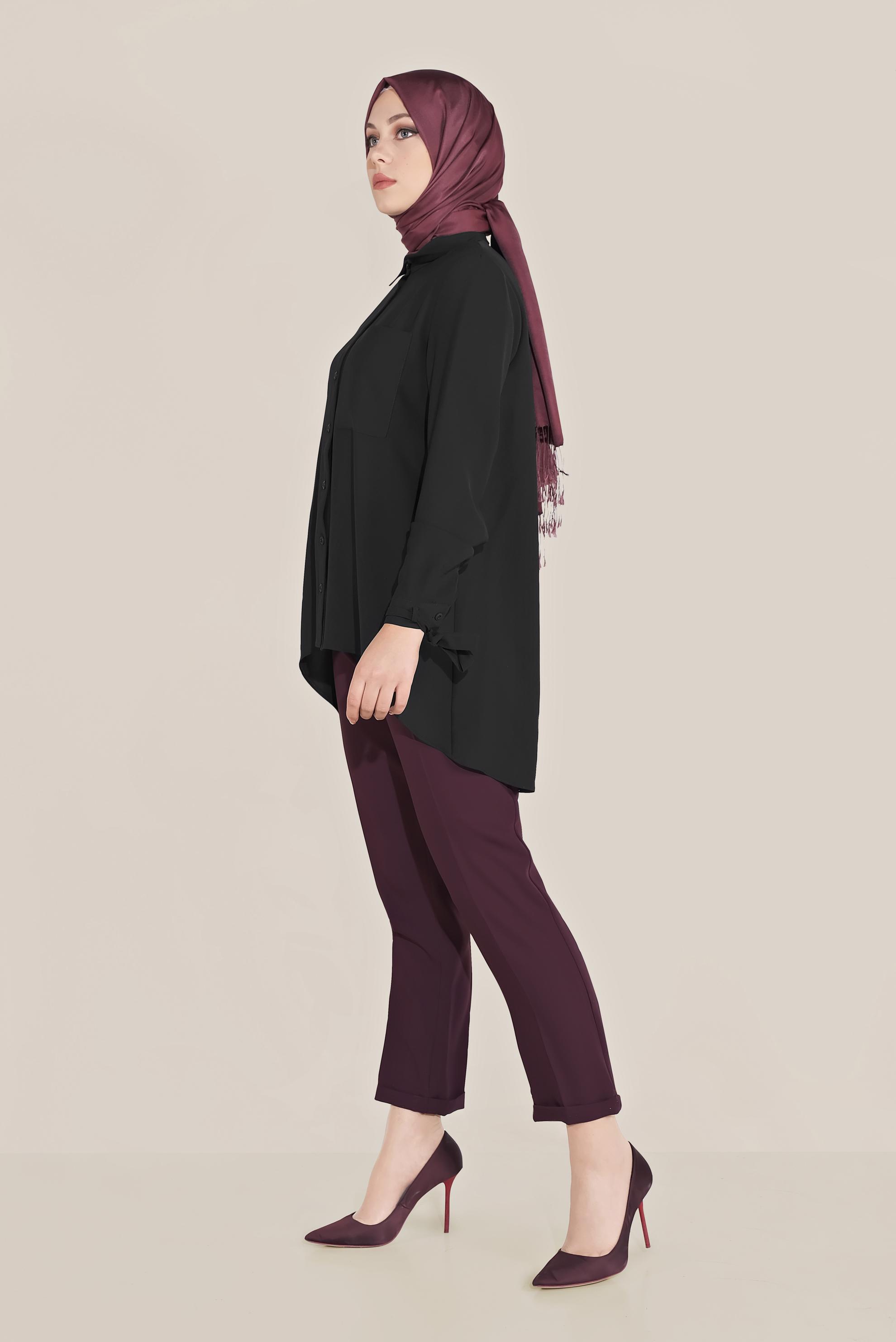 Tesettür giyim SİYAH MANŞETLERİ BAĞLI DÜĞMELİ  BLUZ 40718 