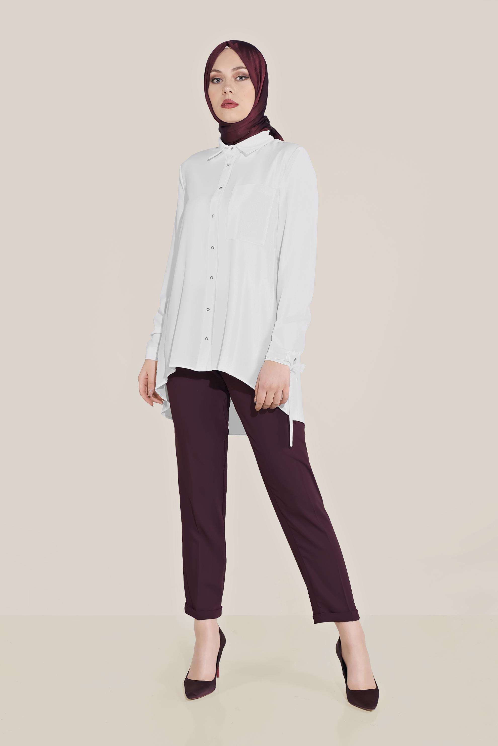 Tesettür giyim BEYAZ MANŞETLERİ BAĞLI DÜĞMELİ  BLUZ 40718 