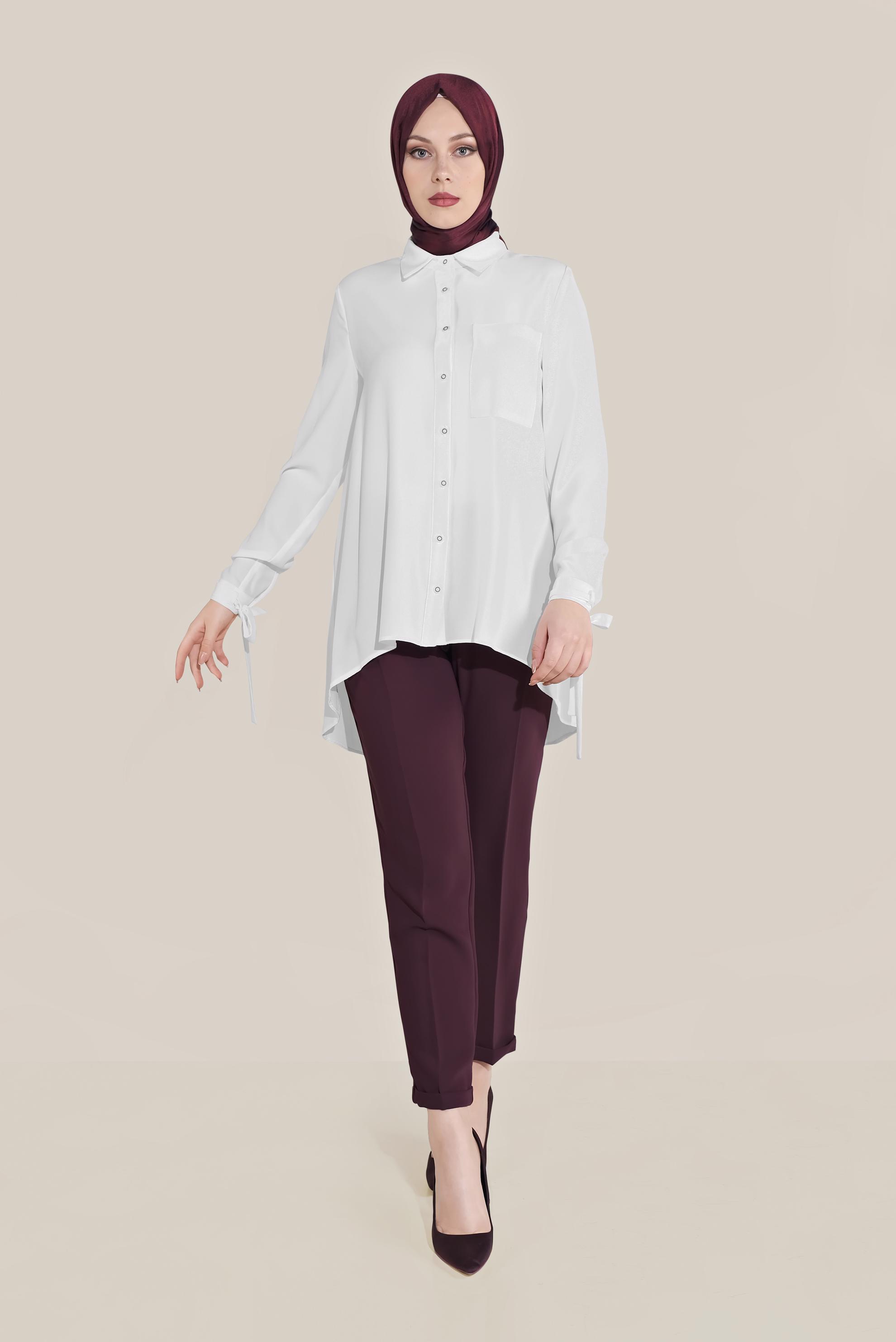 Tesettür giyim BEYAZ MANŞETLERİ BAĞLI DÜĞMELİ  BLUZ 40718 