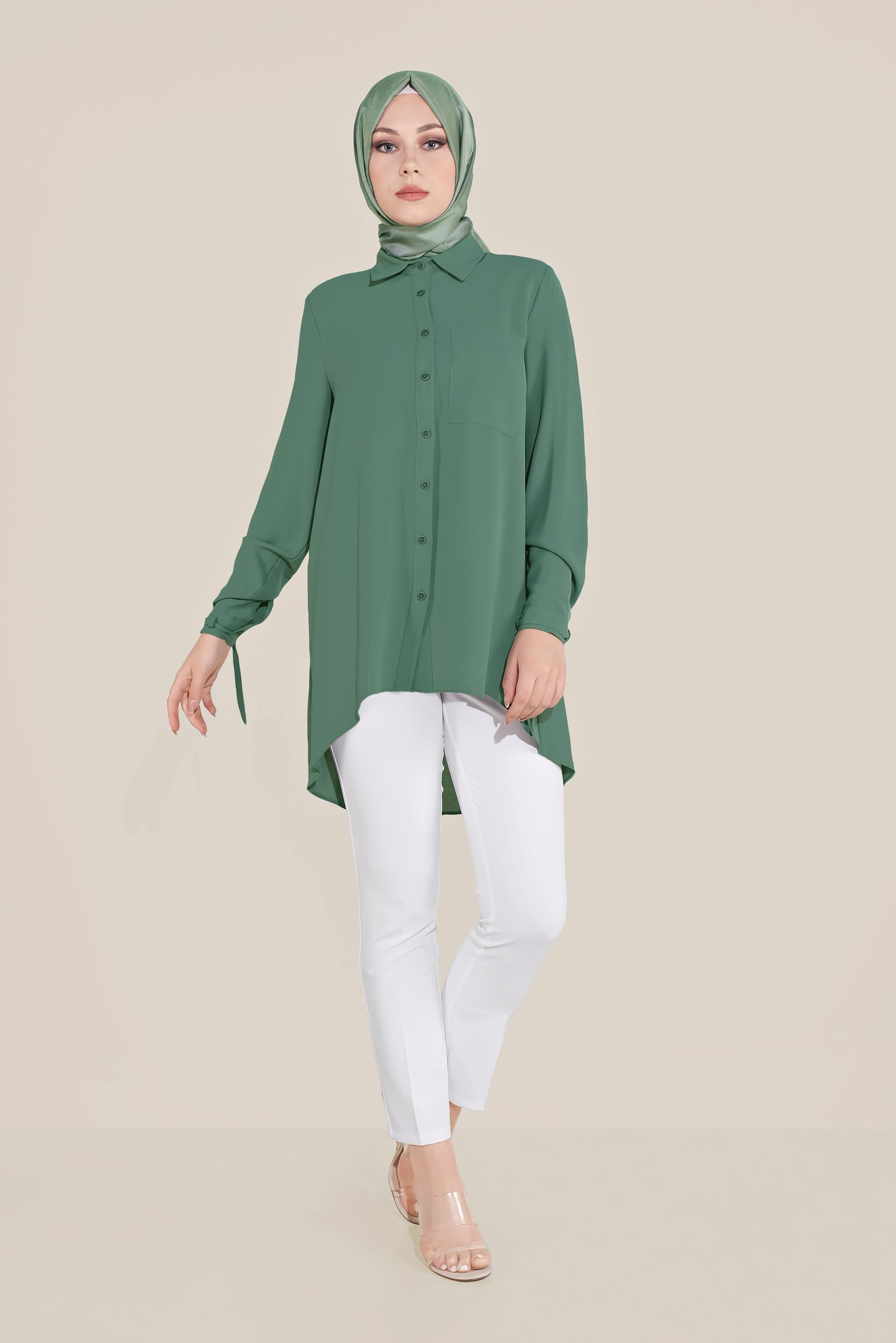 Tesettür giyim YEŞİL MANŞETLERİ BAĞLI DÜĞMELİ  BLUZ 40718 
