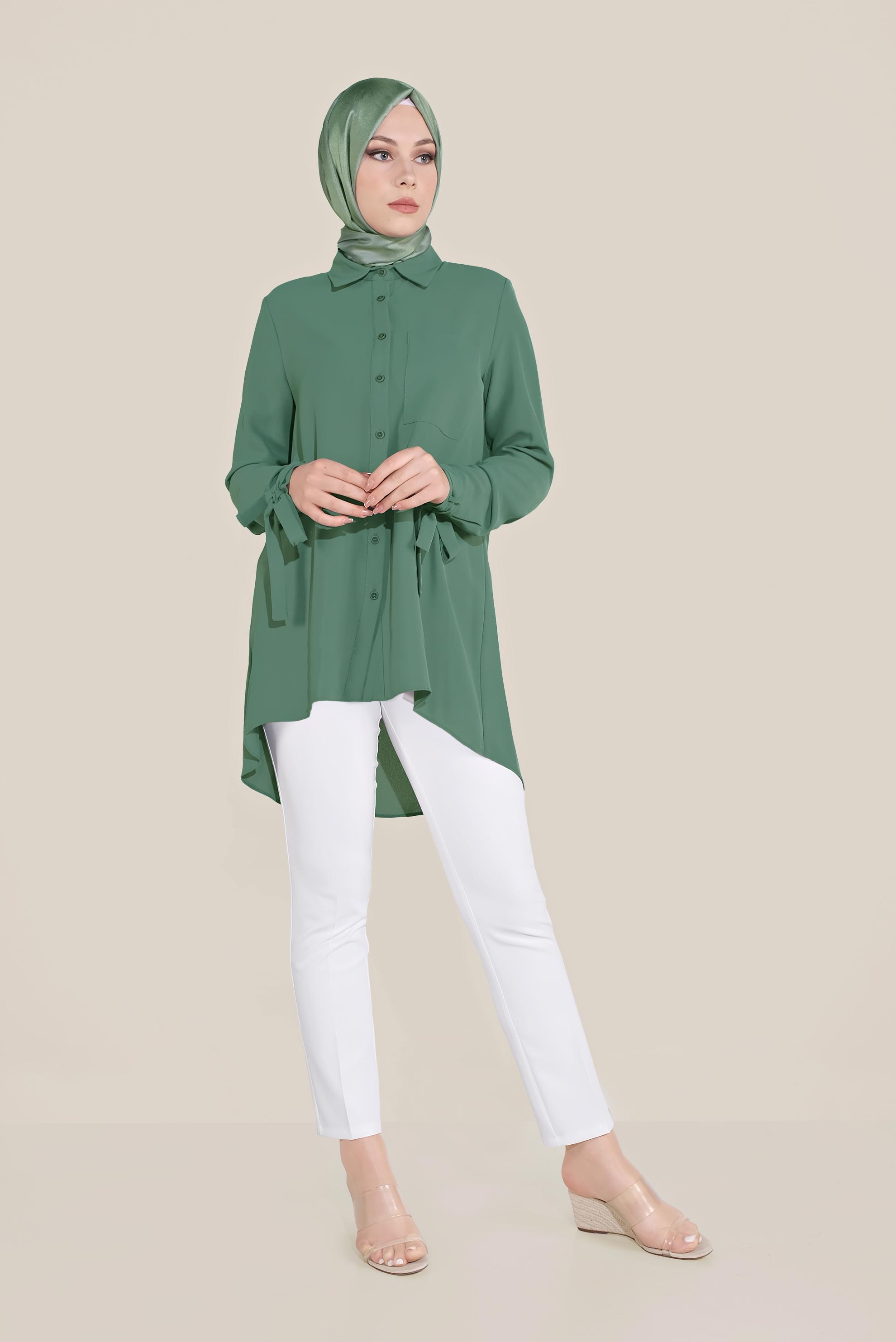 Tesettür giyim YEŞİL MANŞETLERİ BAĞLI DÜĞMELİ  BLUZ 40718 